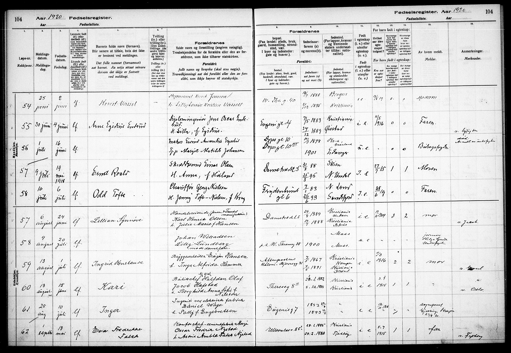 Gamle Aker prestekontor Kirkebøker, AV/SAO-A-10617a/J/L0001: Fødselsregister nr. 1, 1916-1927, s. 104