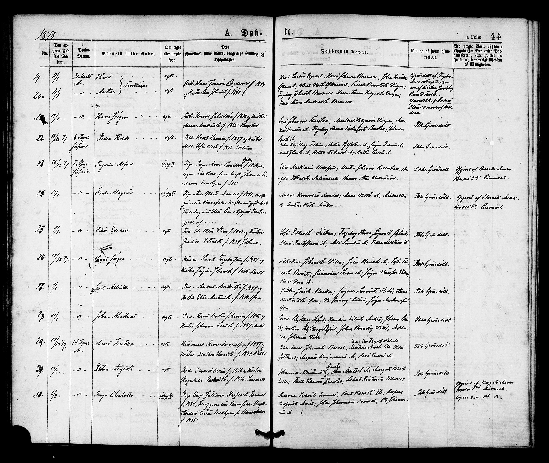 Ministerialprotokoller, klokkerbøker og fødselsregistre - Sør-Trøndelag, SAT/A-1456/655/L0679: Ministerialbok nr. 655A08, 1873-1879, s. 44