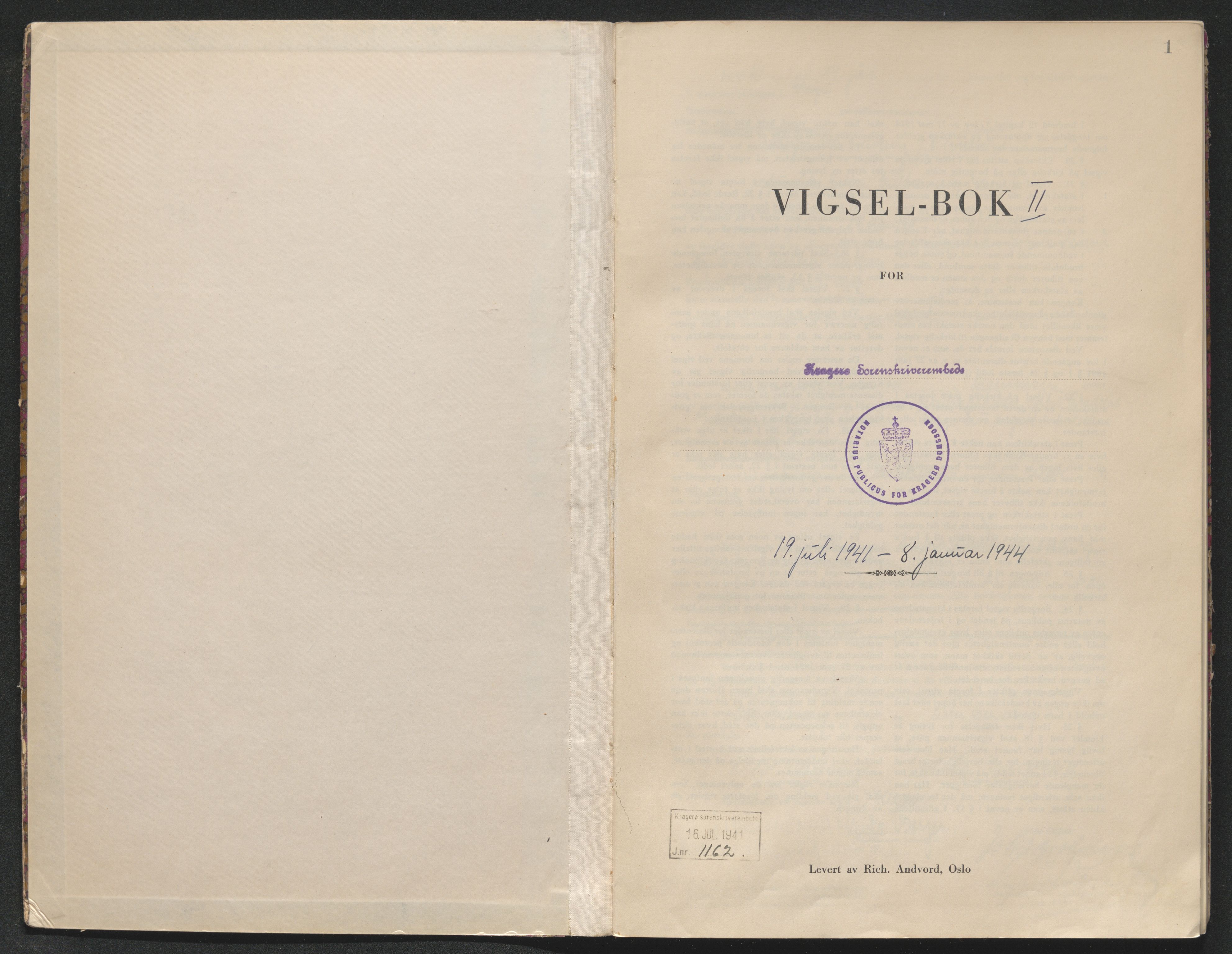 Kragerø sorenskriveri, SAKO/A-65/L/Lc/L0002: Vigselsbok, 1941-1944, s. 1