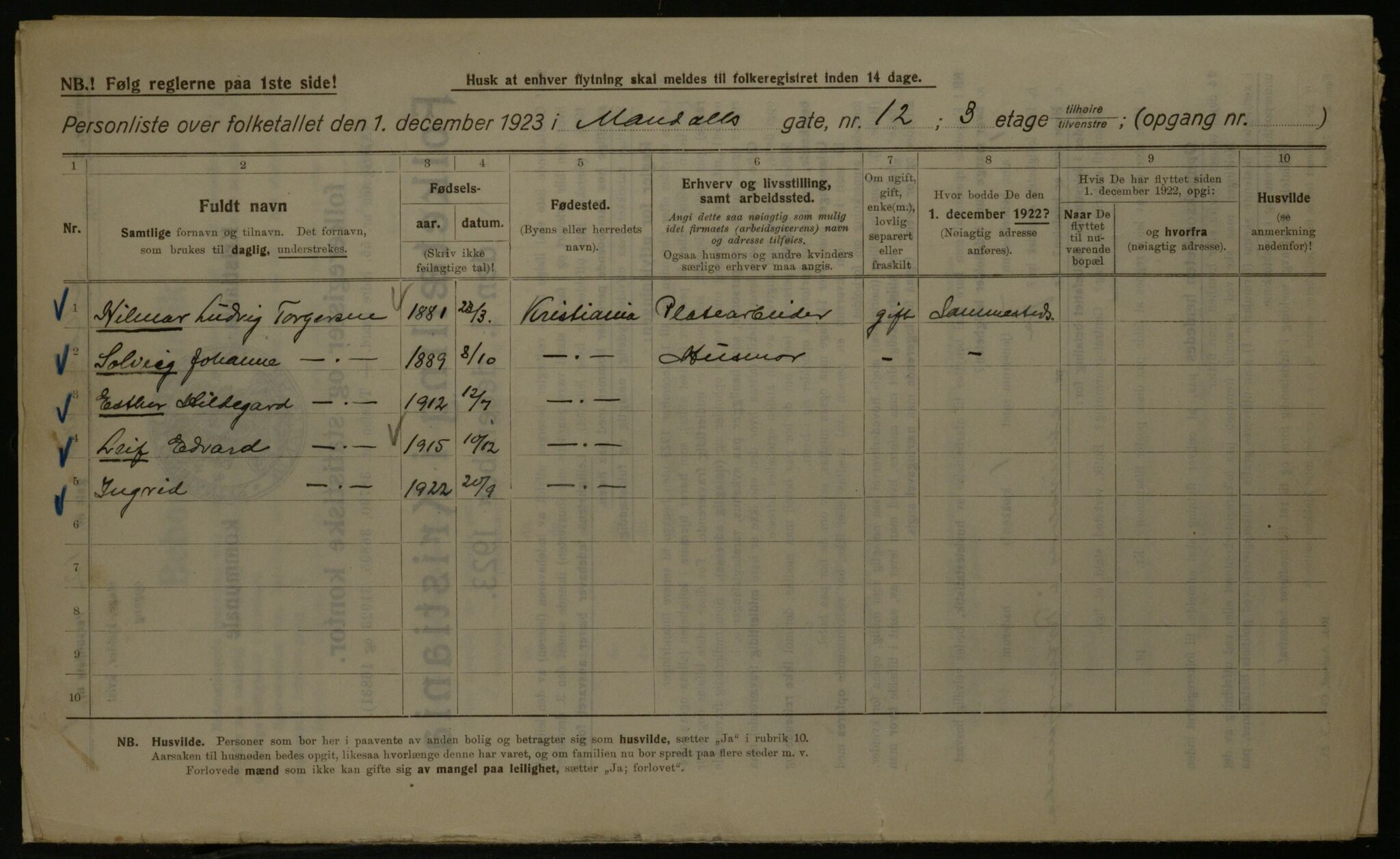 OBA, Kommunal folketelling 1.12.1923 for Kristiania, 1923, s. 67119