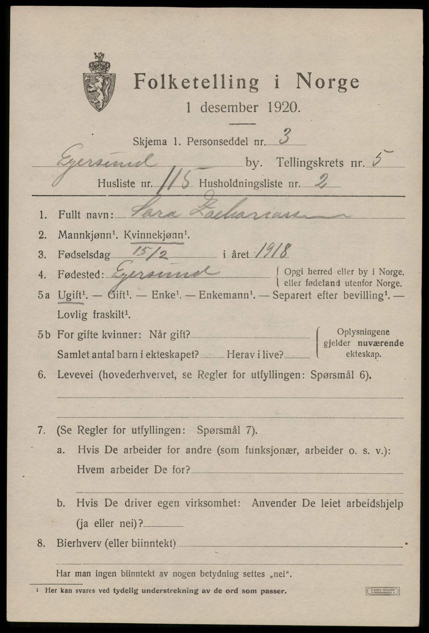 SAST, Folketelling 1920 for 1101 Egersund ladested, 1920, s. 9690