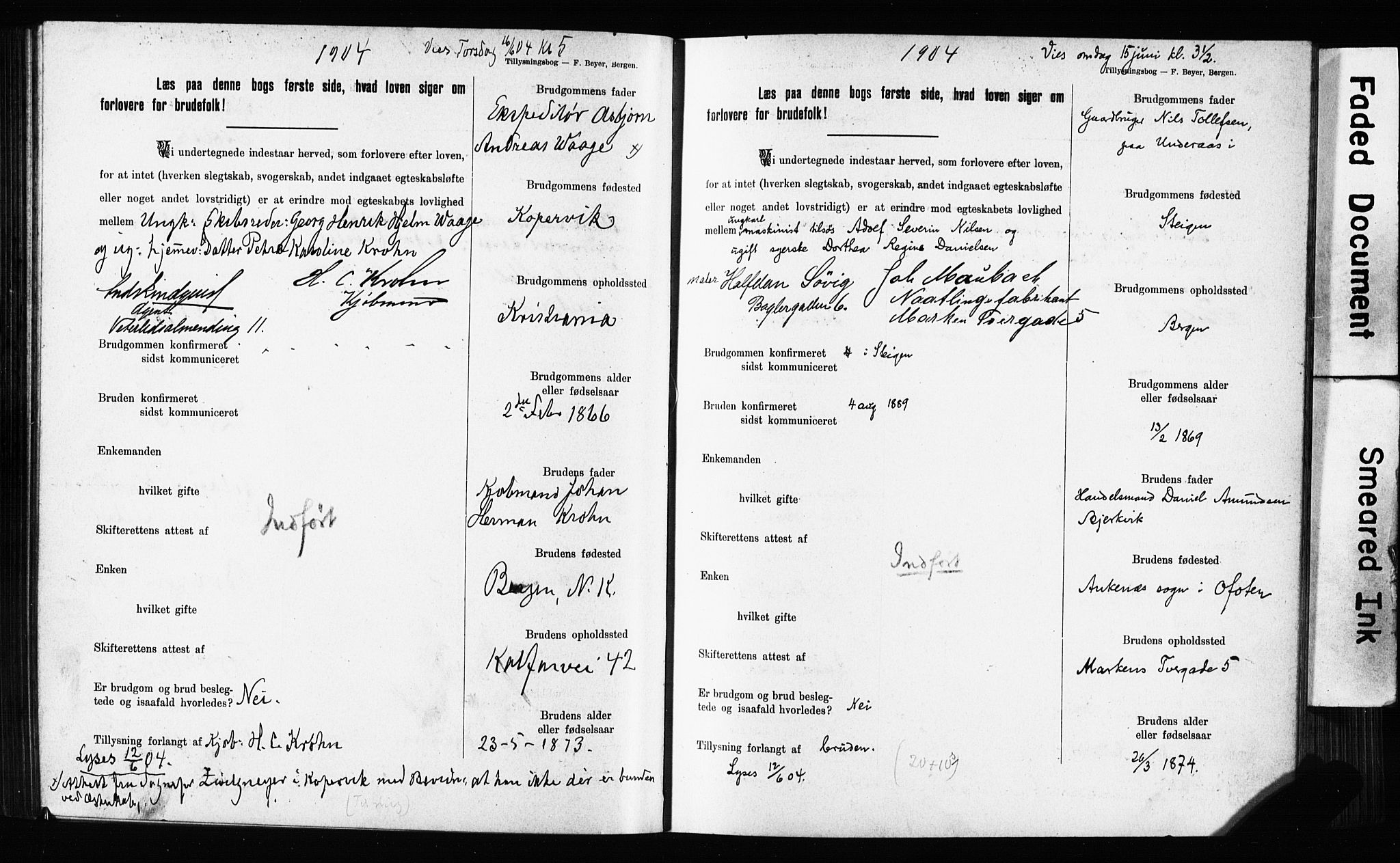 Domkirken sokneprestembete, SAB/A-74801: Forlovererklæringer nr. II.5.11, 1899-1910, s. 149