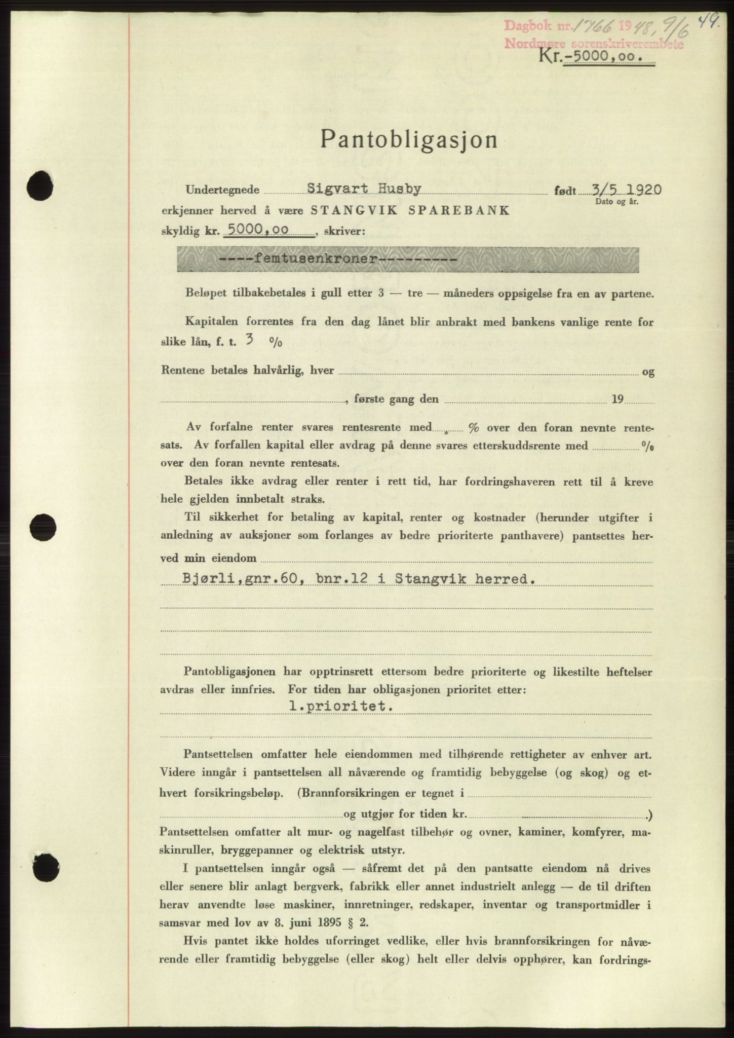 Nordmøre sorenskriveri, SAT/A-4132/1/2/2Ca: Pantebok nr. B99, 1948-1948, Dagboknr: 1766/1948