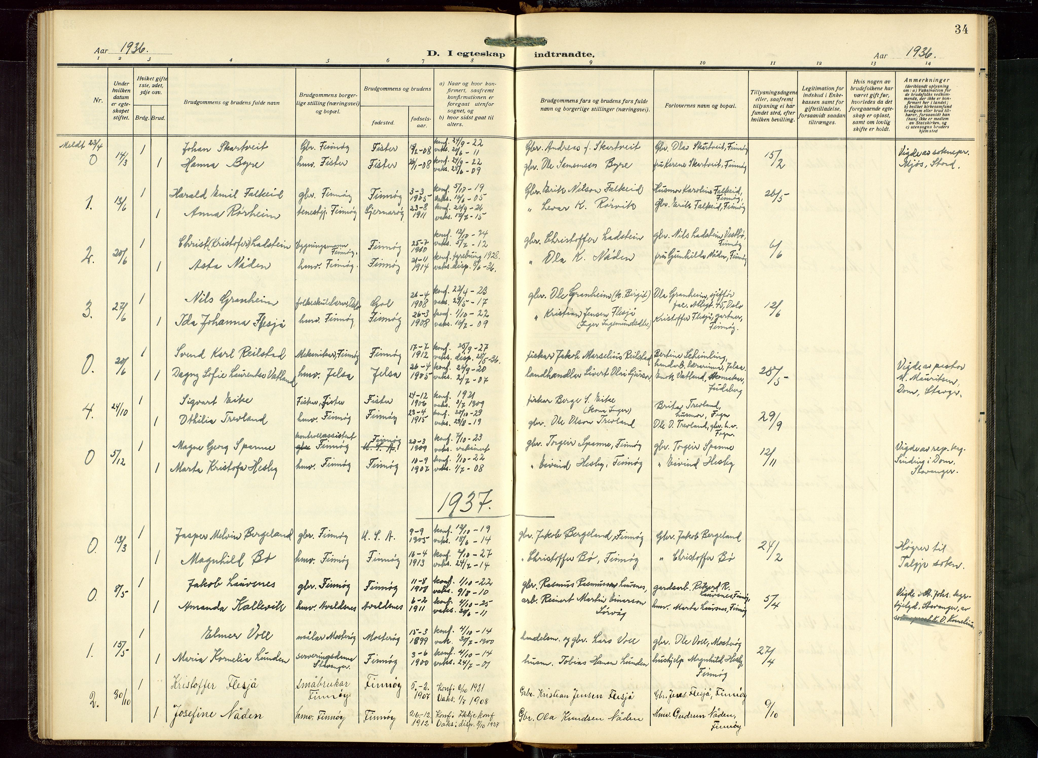 Finnøy sokneprestkontor, SAST/A-101825/H/Ha/Hab/L0008: Klokkerbok nr. B 8, 1935-1946, s. 34