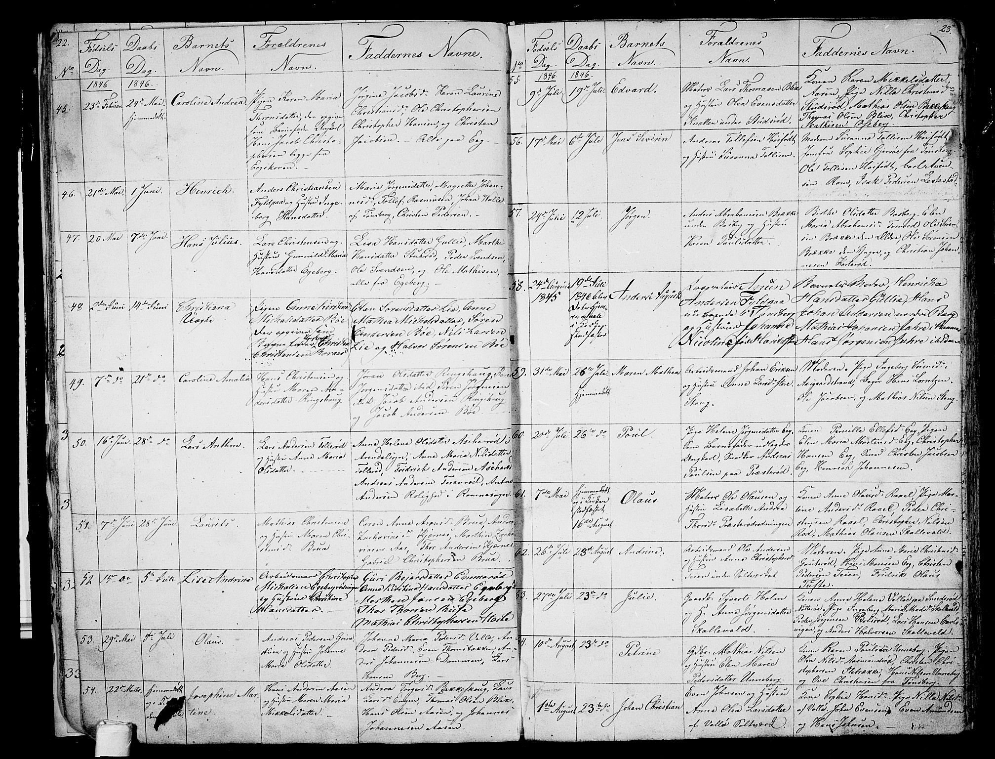 Sem kirkebøker, AV/SAKO-A-5/G/Ga/L0003: Klokkerbok nr. I 3, 1844-1855, s. 22-23
