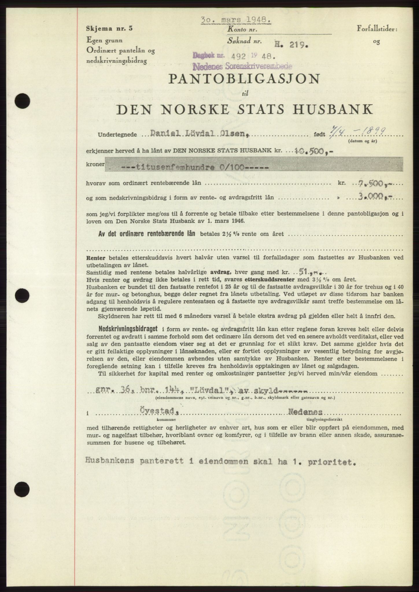 Nedenes sorenskriveri, AV/SAK-1221-0006/G/Gb/Gbb/L0005: Pantebok nr. B5, 1948-1948, Dagboknr: 492/1948