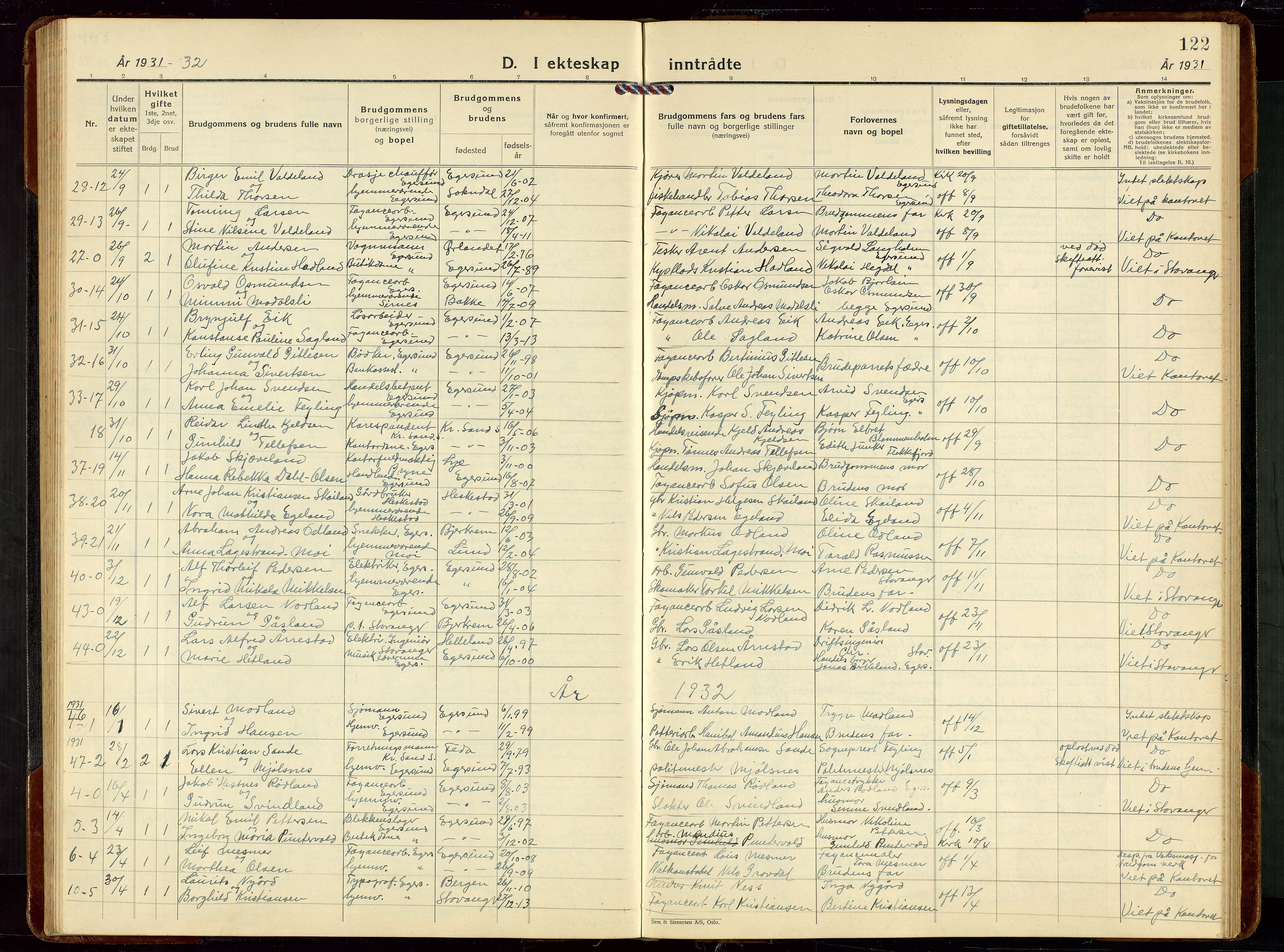 Eigersund sokneprestkontor, AV/SAST-A-101807/S09/L0014: Klokkerbok nr. B 14, 1931-1949, s. 122