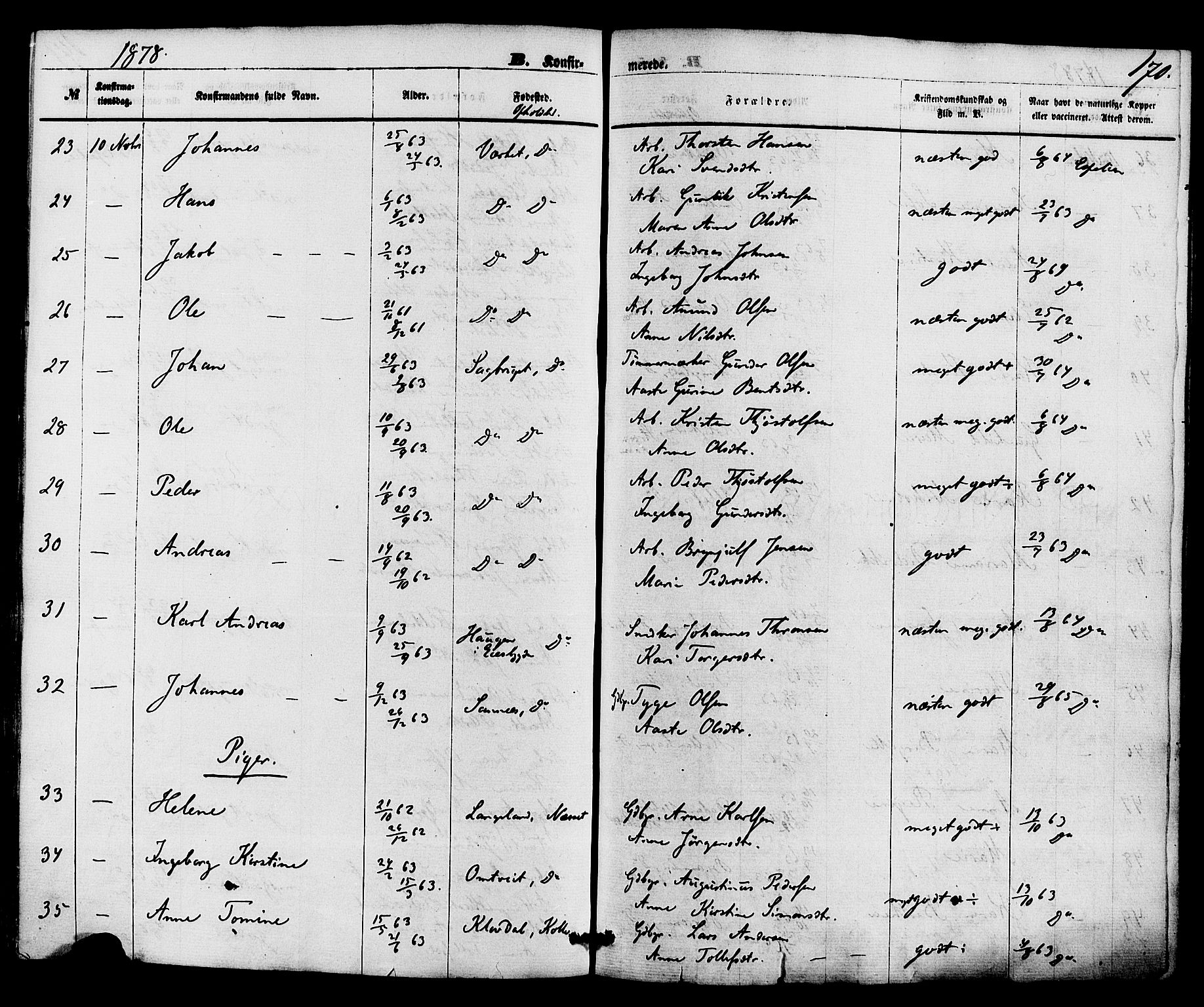 Holla kirkebøker, AV/SAKO-A-272/F/Fa/L0007: Ministerialbok nr. 7, 1869-1881, s. 170