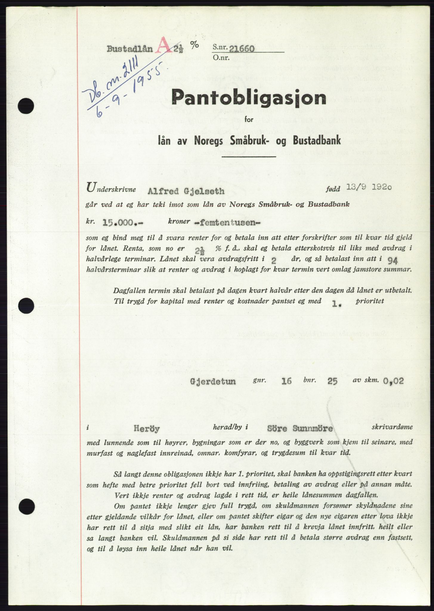 Søre Sunnmøre sorenskriveri, SAT/A-4122/1/2/2C/L0127: Pantebok nr. 15B, 1955-1955, Dagboknr: 2111/1955