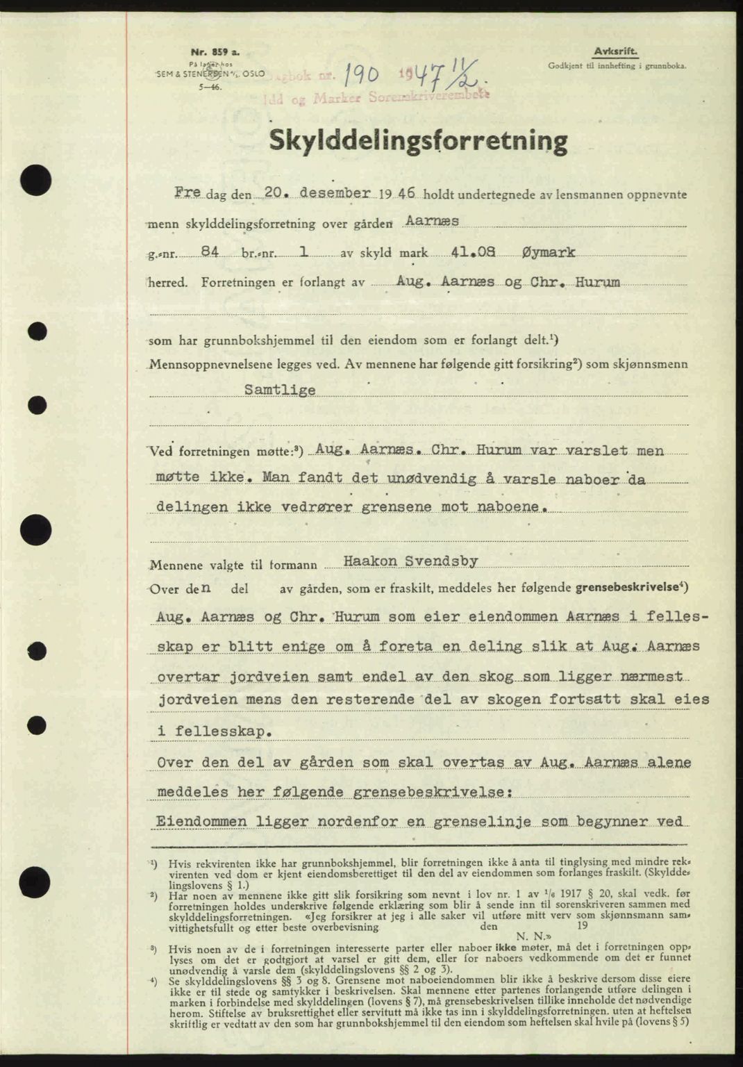 Idd og Marker sorenskriveri, SAO/A-10283/G/Gb/Gbb/L0009: Pantebok nr. A9, 1946-1947, Dagboknr: 190/1947