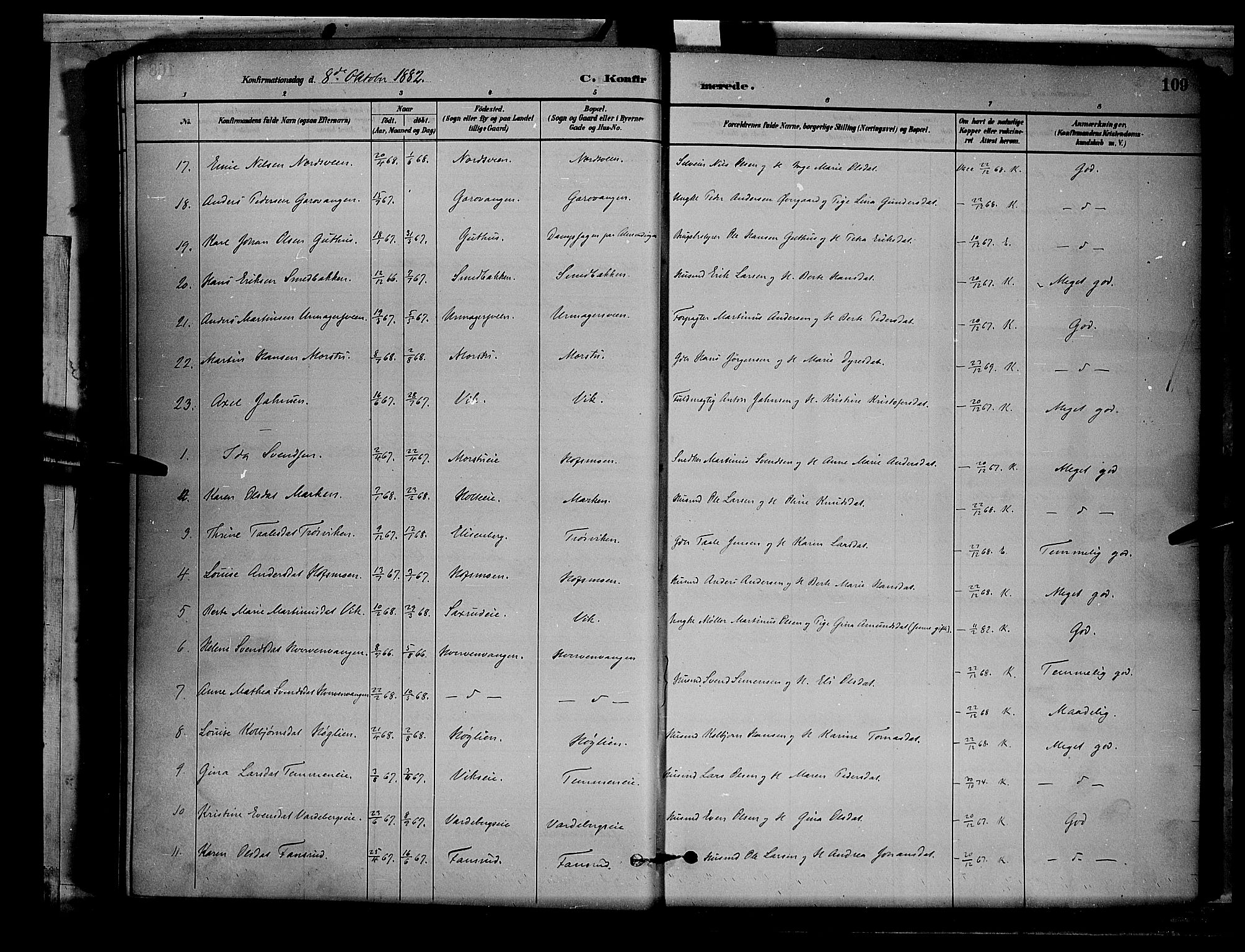 Stange prestekontor, AV/SAH-PREST-002/L/L0008: Klokkerbok nr. 8, 1882-1895, s. 109