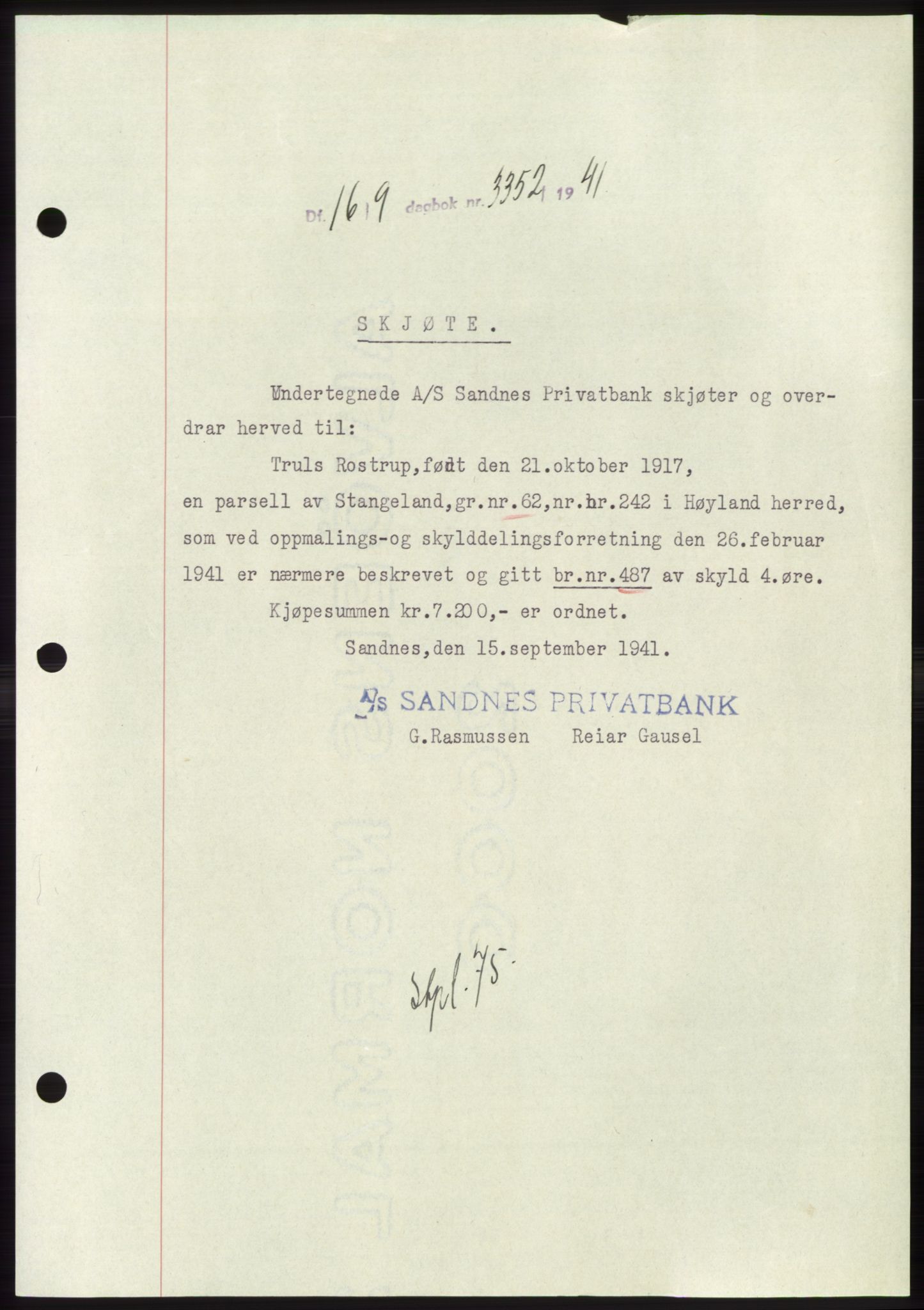 Jæren sorenskriveri, SAST/A-100310/03/G/Gba/L0081: Pantebok, 1941-1941, Dagboknr: 3352/1941