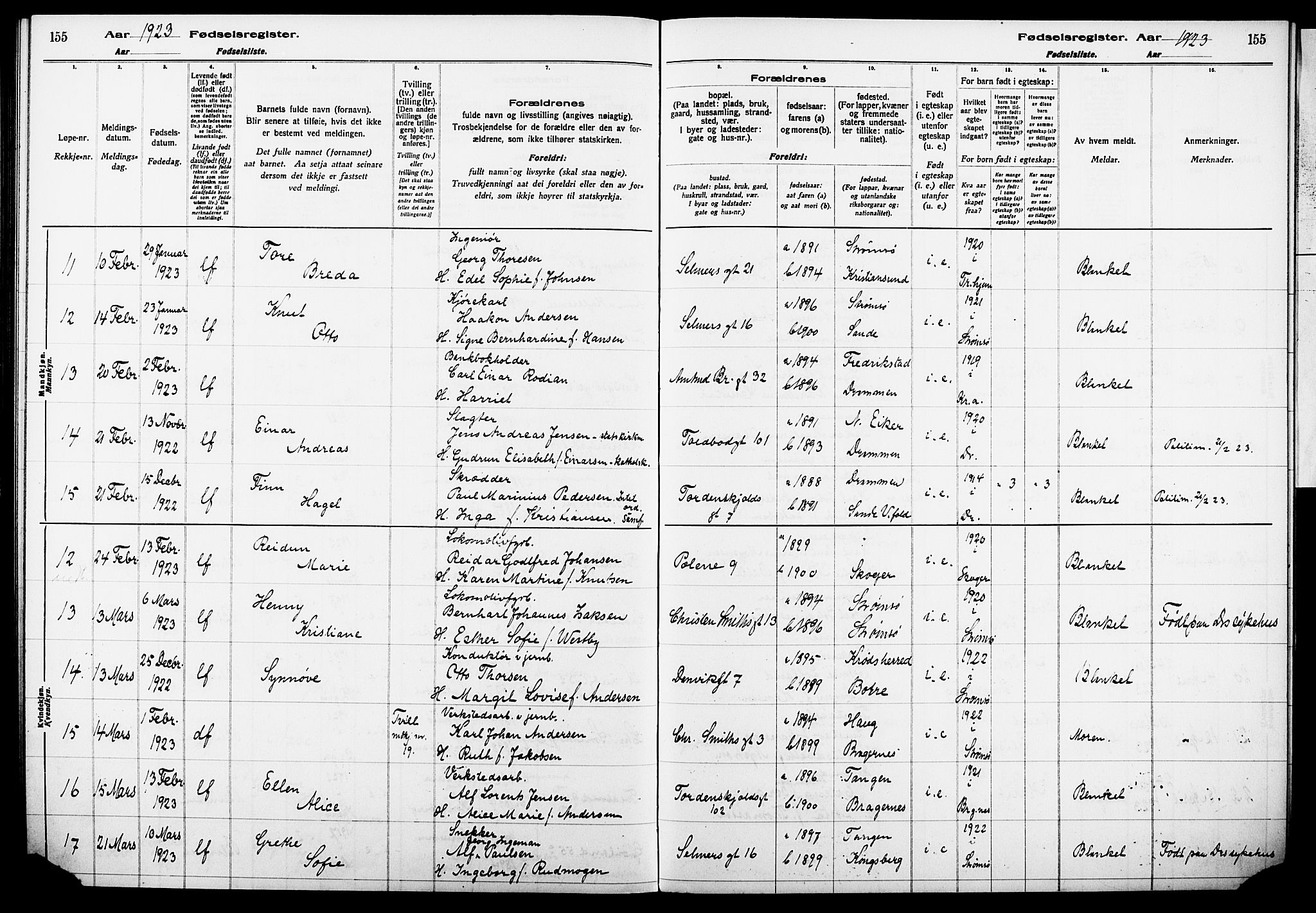 Strømsø kirkebøker, AV/SAKO-A-246/J/Ja/L0001: Fødselsregister nr. I 1, 1916-1925, s. 155