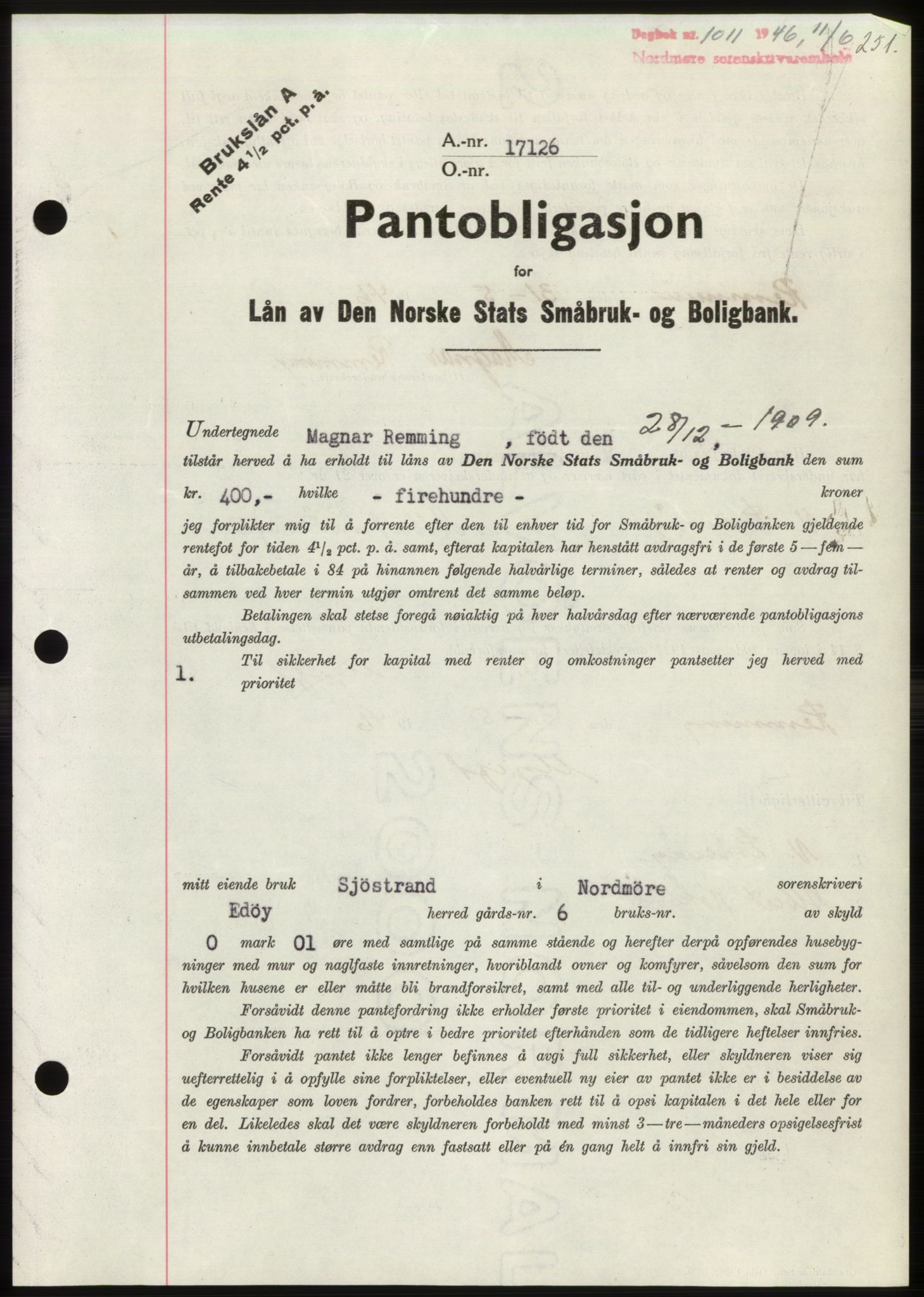 Nordmøre sorenskriveri, SAT/A-4132/1/2/2Ca: Pantebok nr. B94, 1946-1946, Dagboknr: 1011/1946