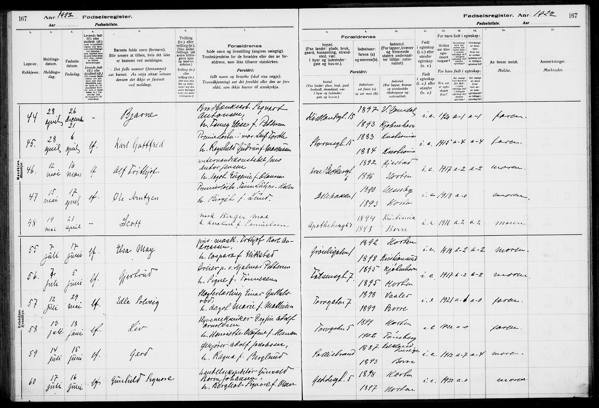 Horten kirkebøker, AV/SAKO-A-348/J/Ja/L0001: Fødselsregister nr. 1, 1916-1923, s. 167