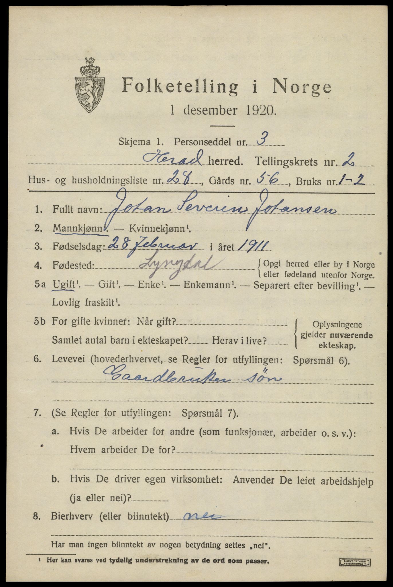 SAK, Folketelling 1920 for 1039 Herad herred, 1920, s. 1328