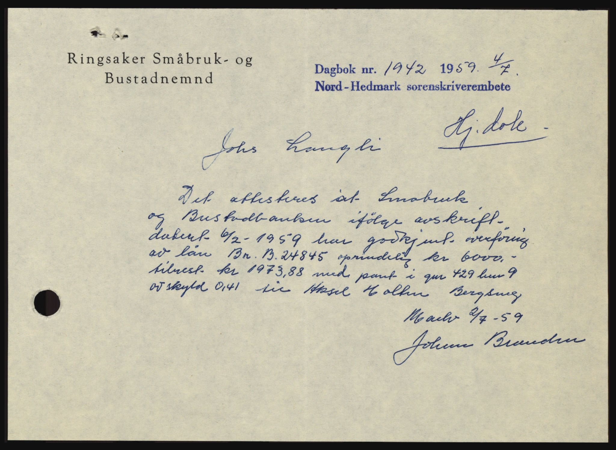 Nord-Hedmark sorenskriveri, SAH/TING-012/H/Hc/L0013: Pantebok nr. 13, 1959-1960, Dagboknr: 1942/1959