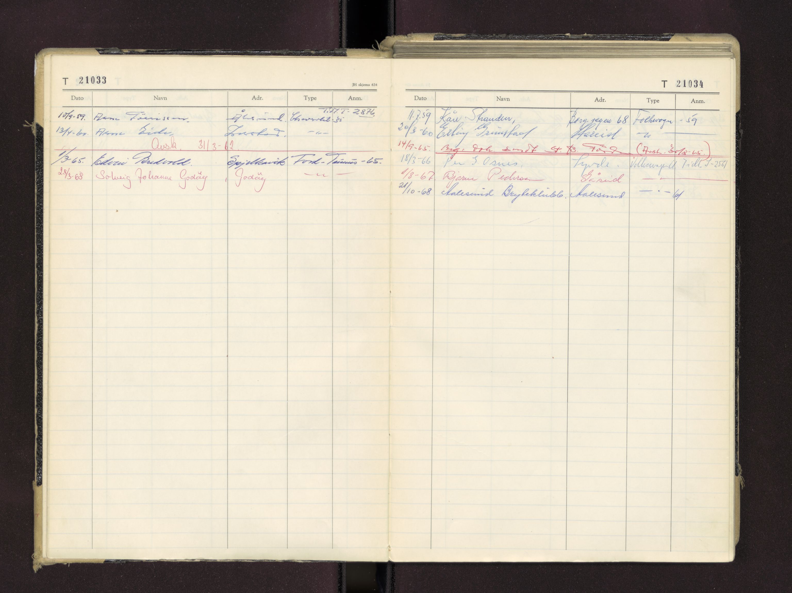 Møre og Romsdal vegkontor - Ålesund trafikkstasjon, AV/SAT-A-4099/F/Fc/L0016: Bilregister; T 21000 - T 21499, 1955-1970