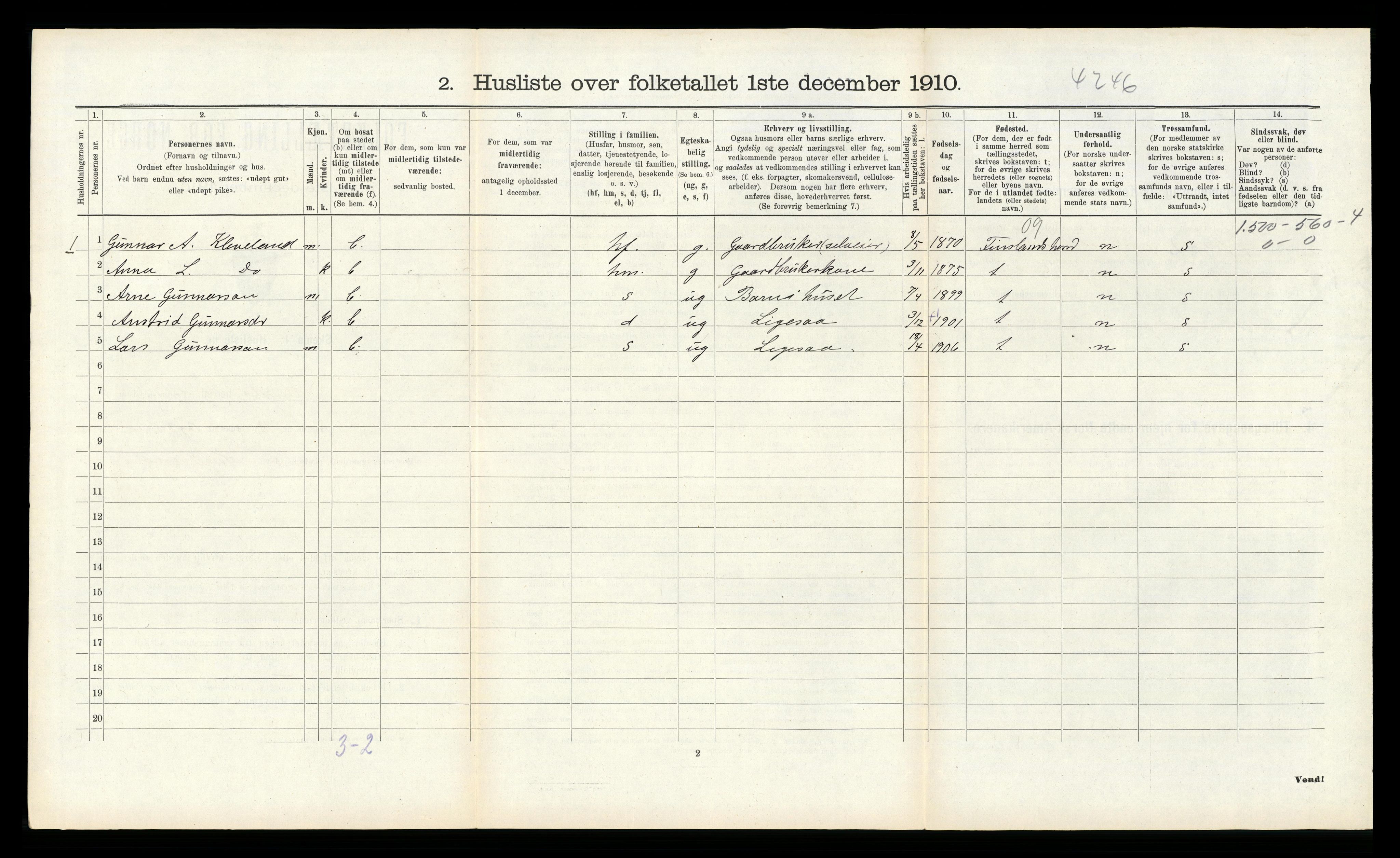 RA, Folketelling 1910 for 1016 Øvrebø herred, 1910, s. 184