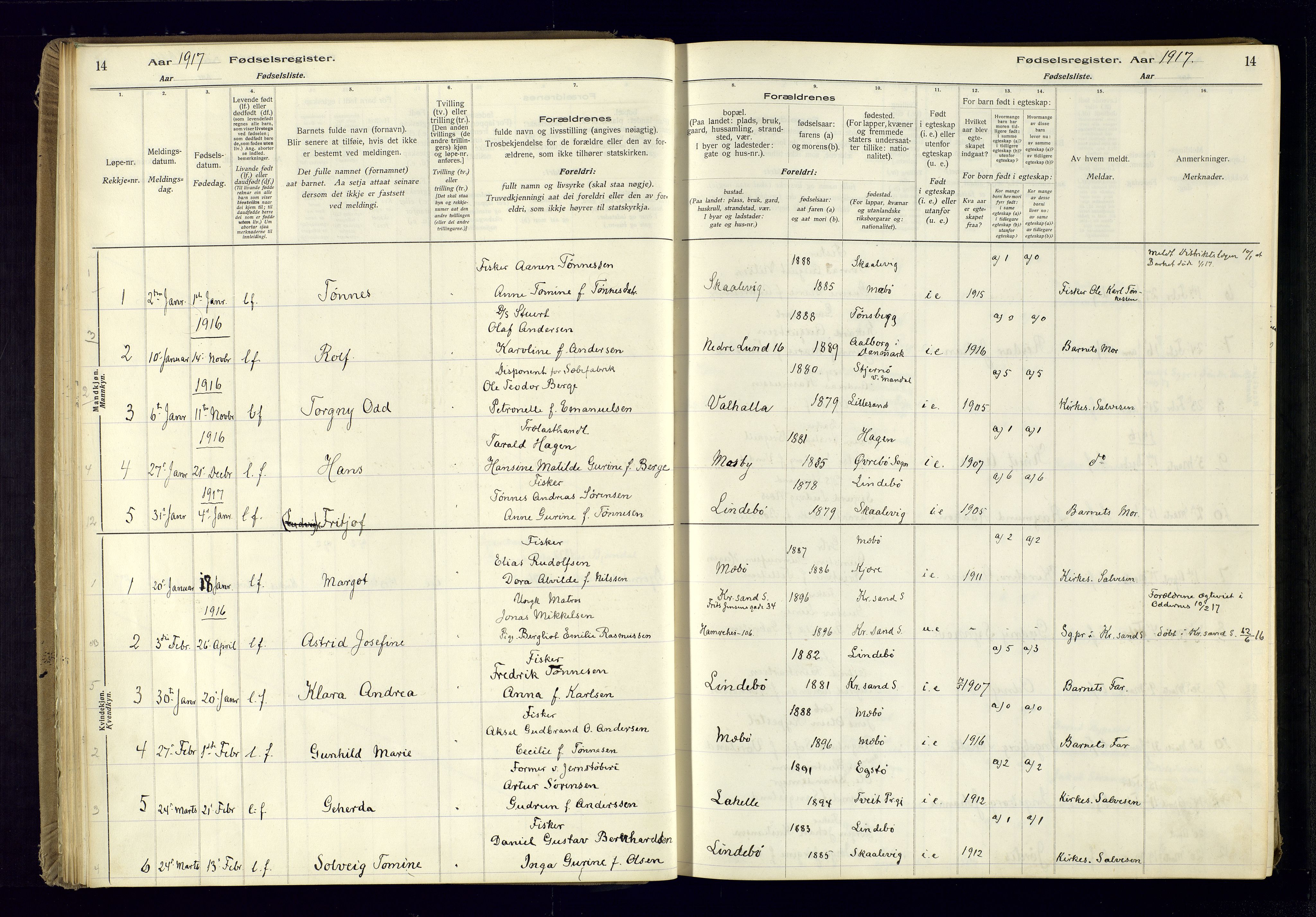 Oddernes sokneprestkontor, SAK/1111-0033/J/Ja/L0001: Fødselsregister nr. 1, 1916-1935, s. 14