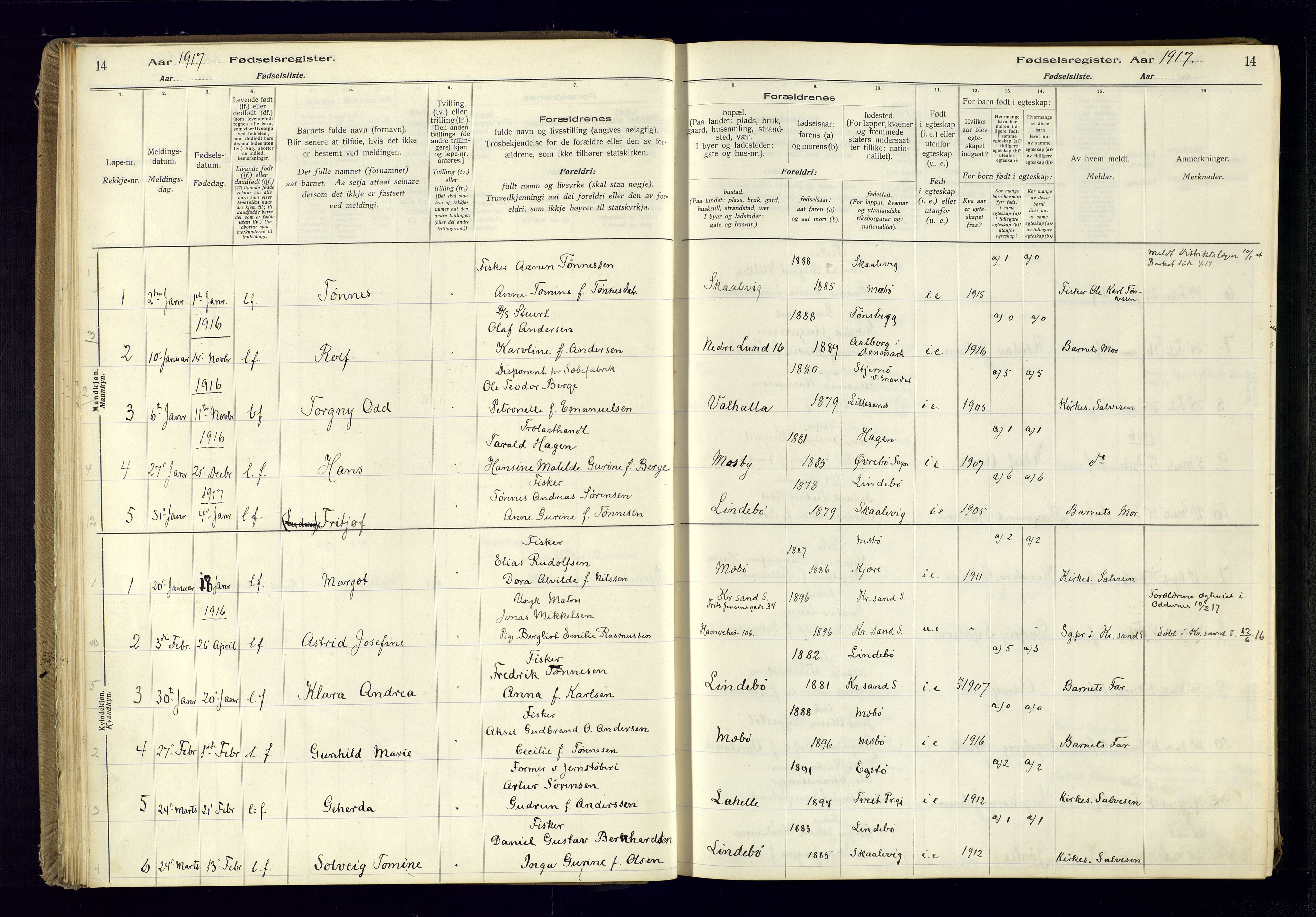 Oddernes sokneprestkontor, AV/SAK-1111-0033/J/Ja/L0001: Fødselsregister nr. 1, 1916-1935, s. 14