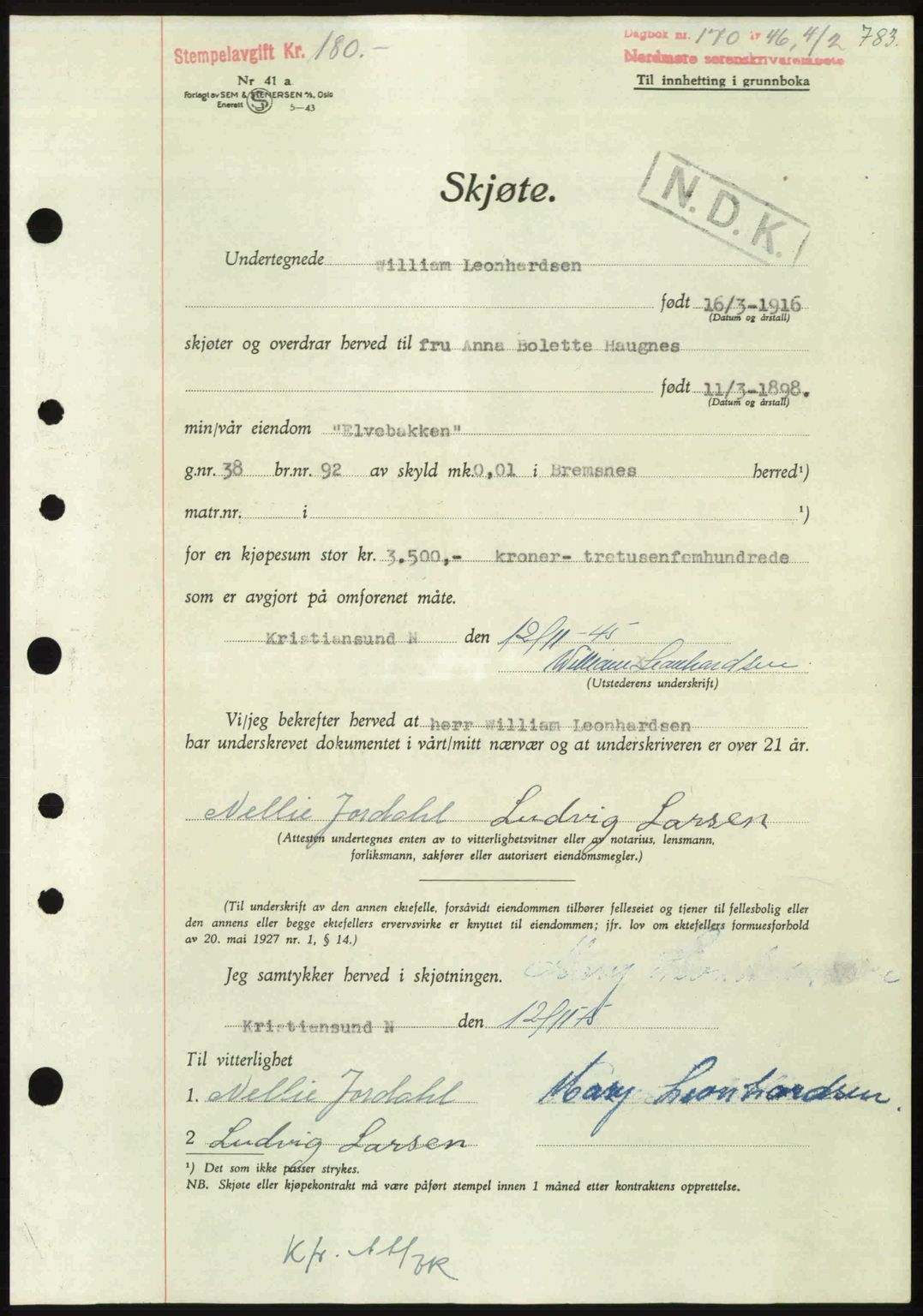 Nordmøre sorenskriveri, AV/SAT-A-4132/1/2/2Ca: Pantebok nr. A100b, 1946-1946, Dagboknr: 170/1946