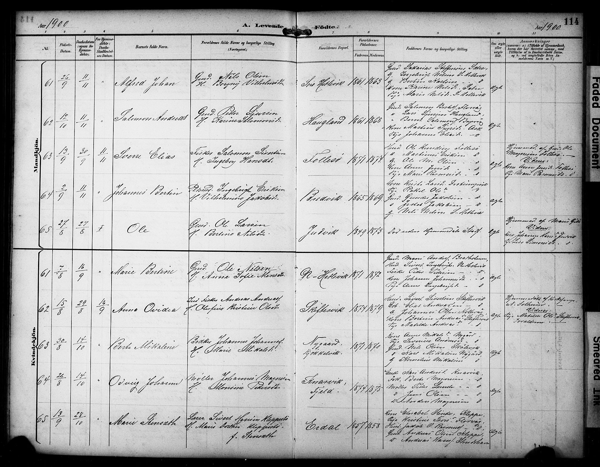 Askøy Sokneprestembete, SAB/A-74101/H/Ha/Hab/Haba/L0009: Klokkerbok nr. A 9, 1894-1903, s. 114