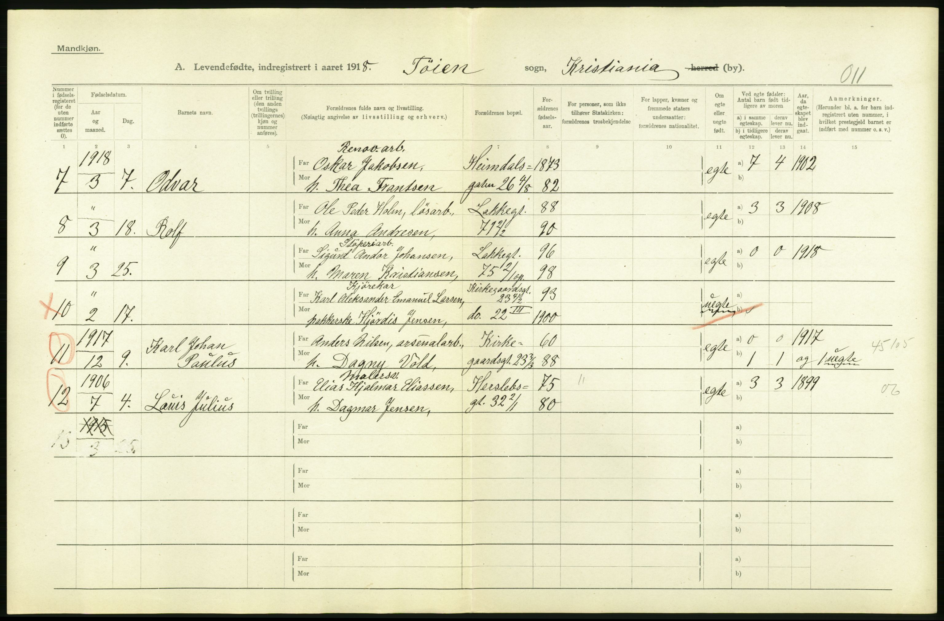 Statistisk sentralbyrå, Sosiodemografiske emner, Befolkning, AV/RA-S-2228/D/Df/Dfb/Dfbh/L0008: Kristiania: Levendefødte menn og kvinner., 1918, s. 180
