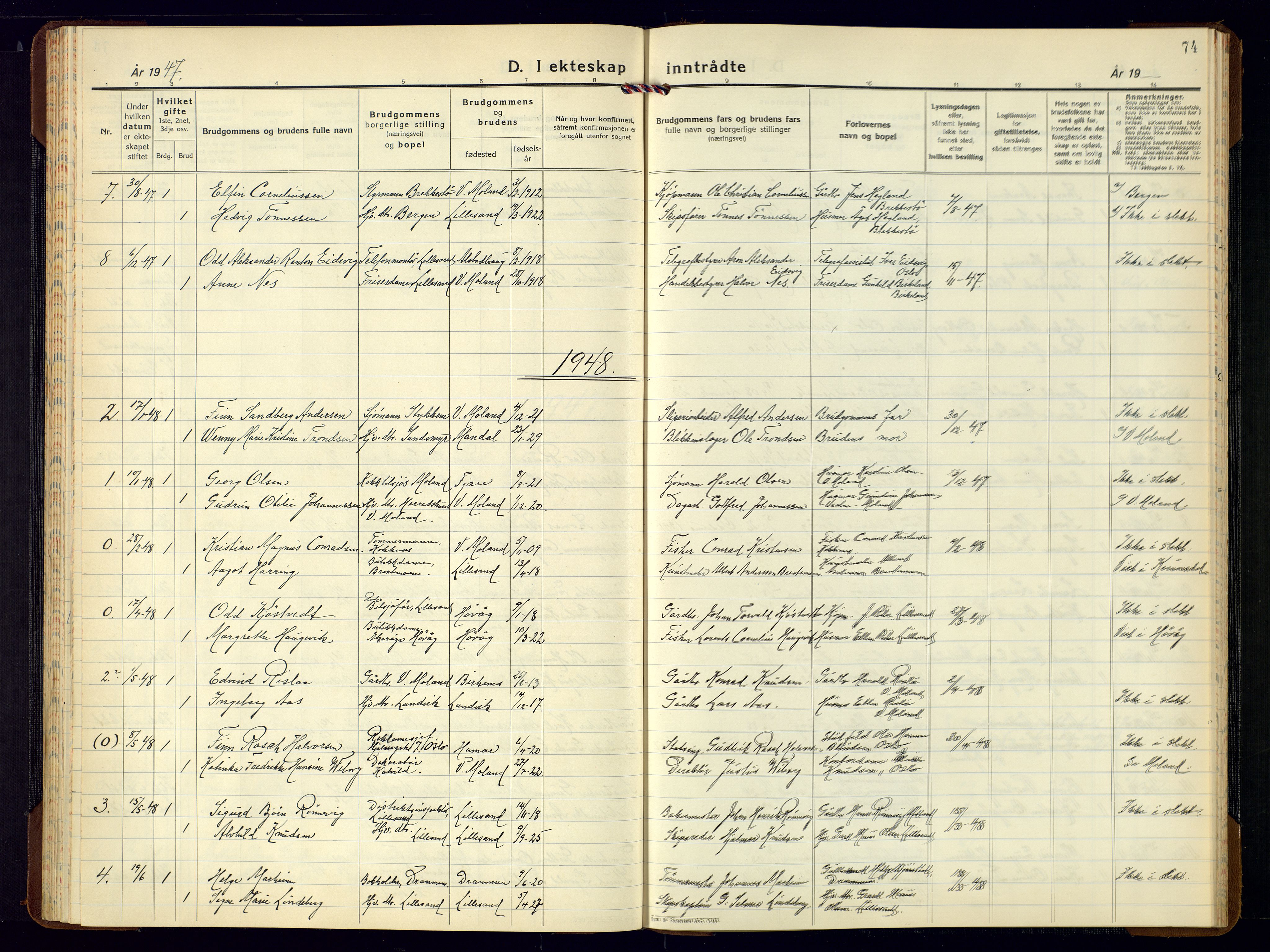 Vestre Moland sokneprestkontor, AV/SAK-1111-0046/F/Fb/Fba/L0003: Klokkerbok nr. B-3, 1935-1962, s. 74