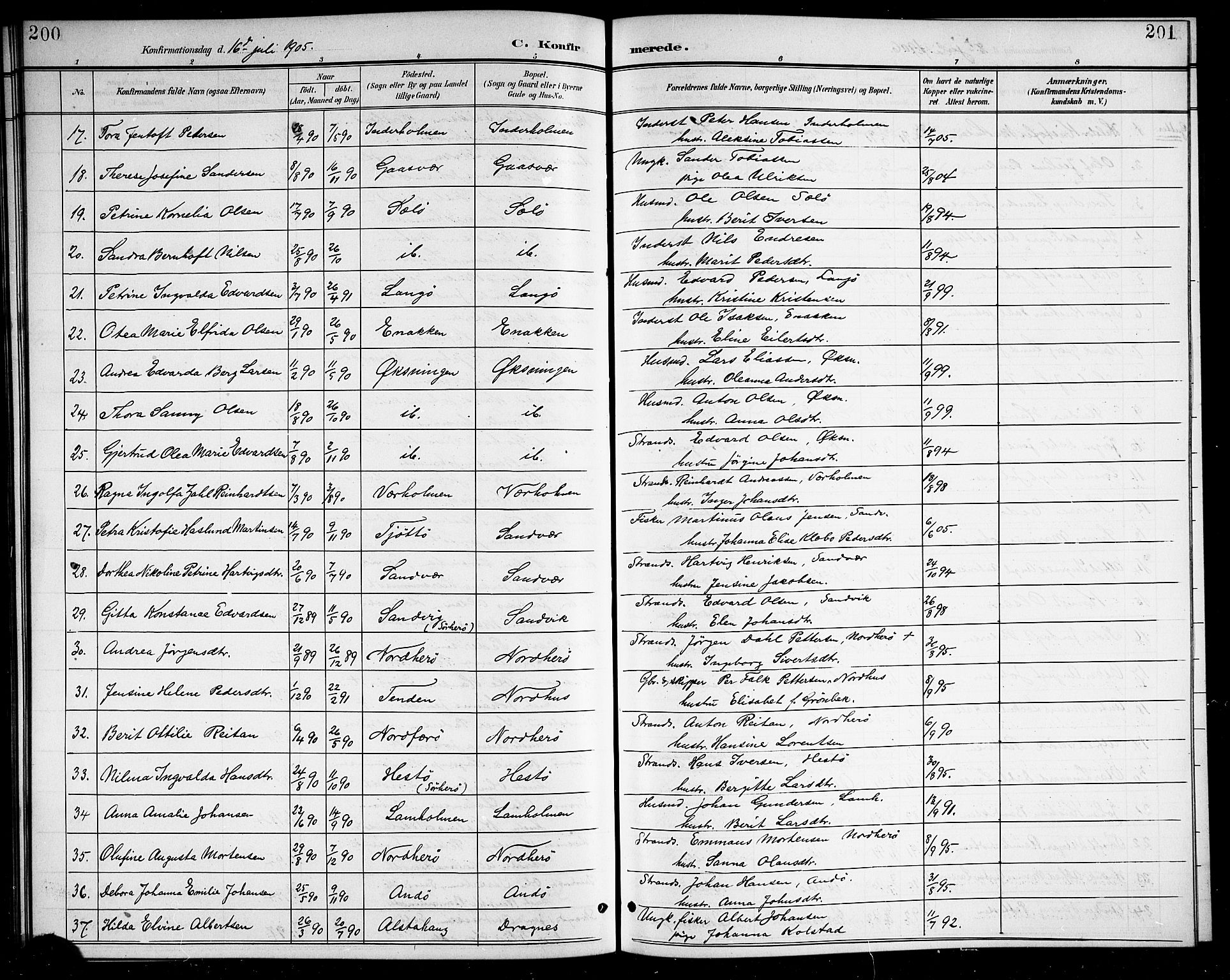 Ministerialprotokoller, klokkerbøker og fødselsregistre - Nordland, AV/SAT-A-1459/834/L0516: Klokkerbok nr. 834C06, 1902-1918, s. 200-201