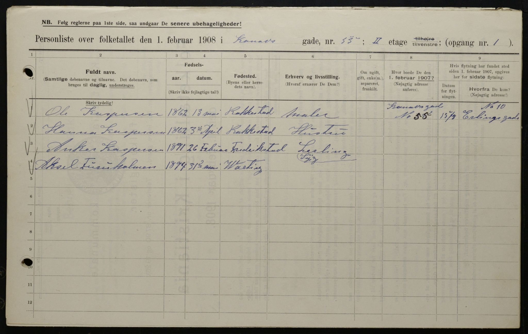 OBA, Kommunal folketelling 1.2.1908 for Kristiania kjøpstad, 1908, s. 47816