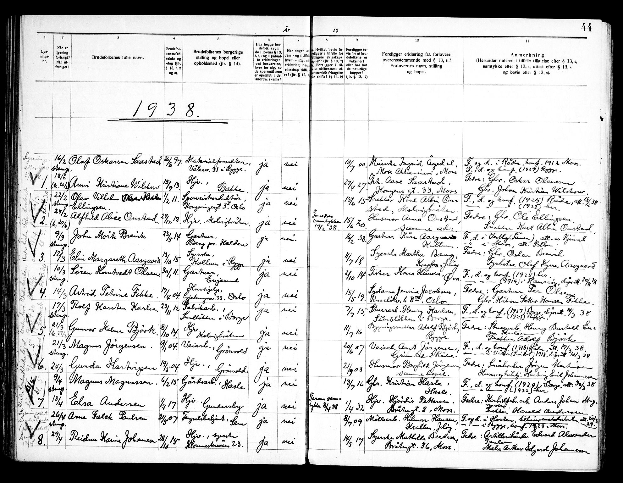 Rygge prestekontor Kirkebøker, AV/SAO-A-10084b/H/Ha/L0002: Lysningsprotokoll nr. 2, 1919-1961, s. 44