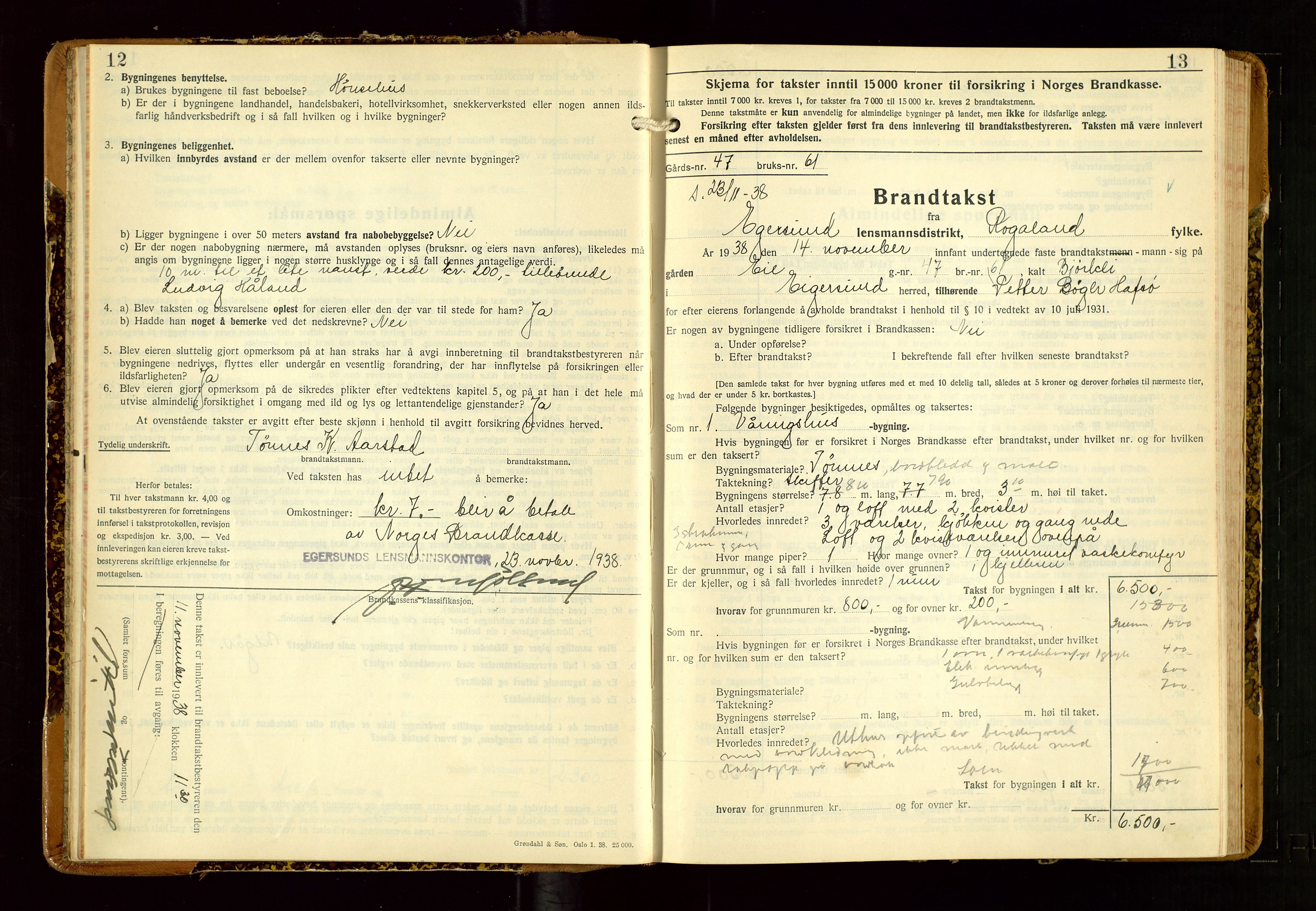 Eigersund lensmannskontor, AV/SAST-A-100171/Gob/L0007: "Brandtakstprotokoll", 1938-1955, s. 12-13