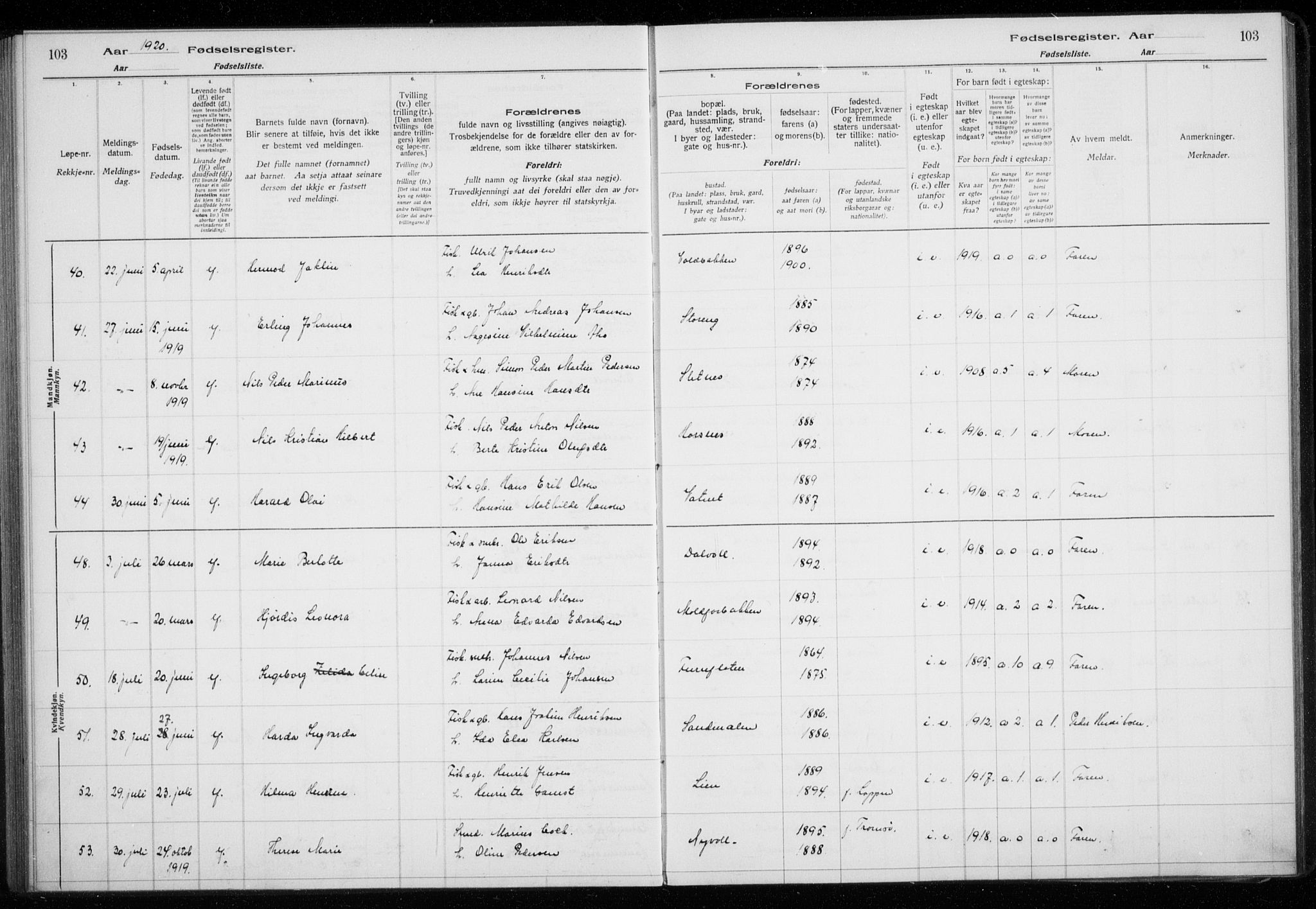 Lyngen sokneprestembete, AV/SATØ-S-1289/I/Ia/L0075: Fødselsregister nr. 75, 1916-1924, s. 103