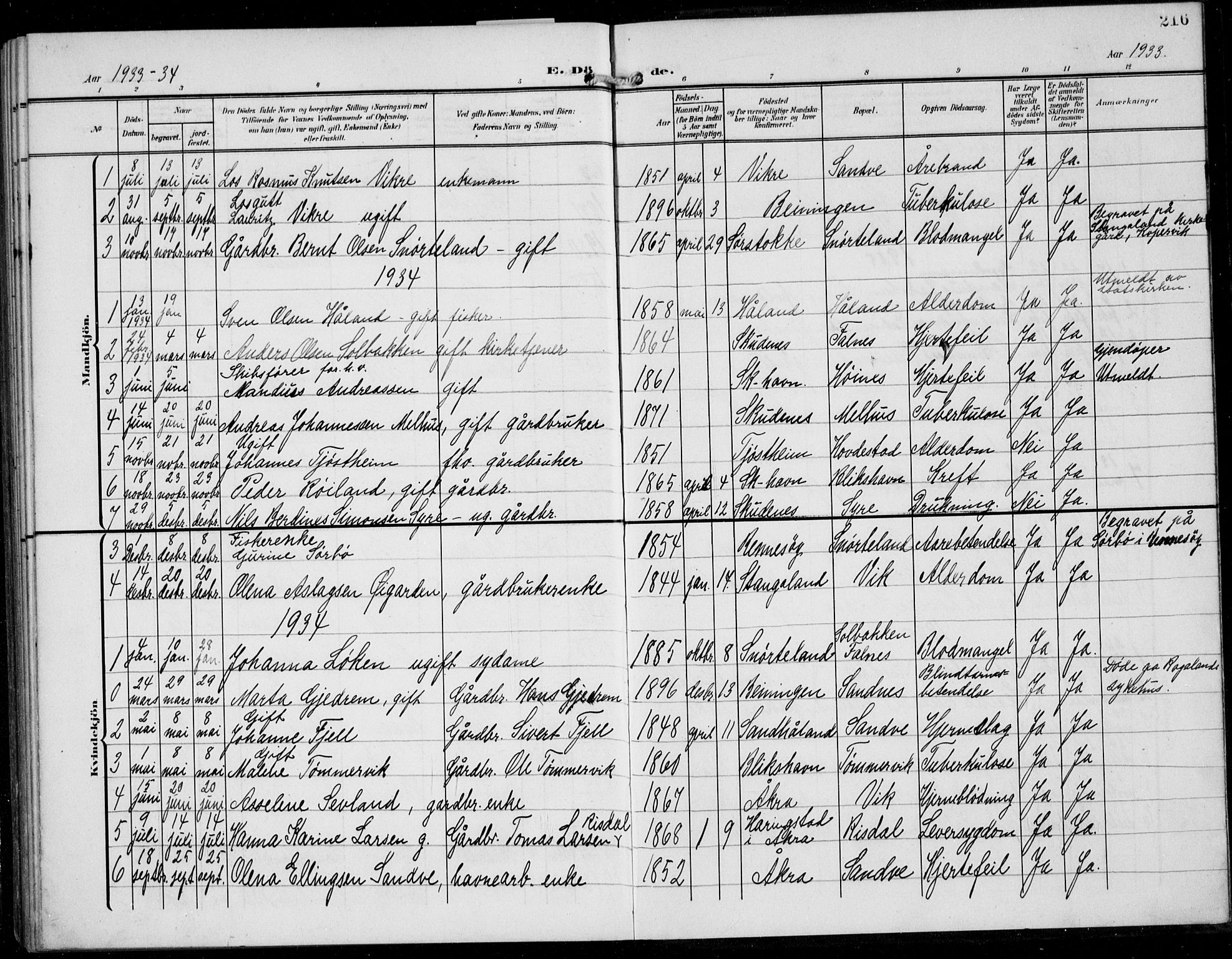 Skudenes sokneprestkontor, SAST/A -101849/H/Ha/Hab/L0009: Klokkerbok nr. B 9, 1908-1936, s. 216