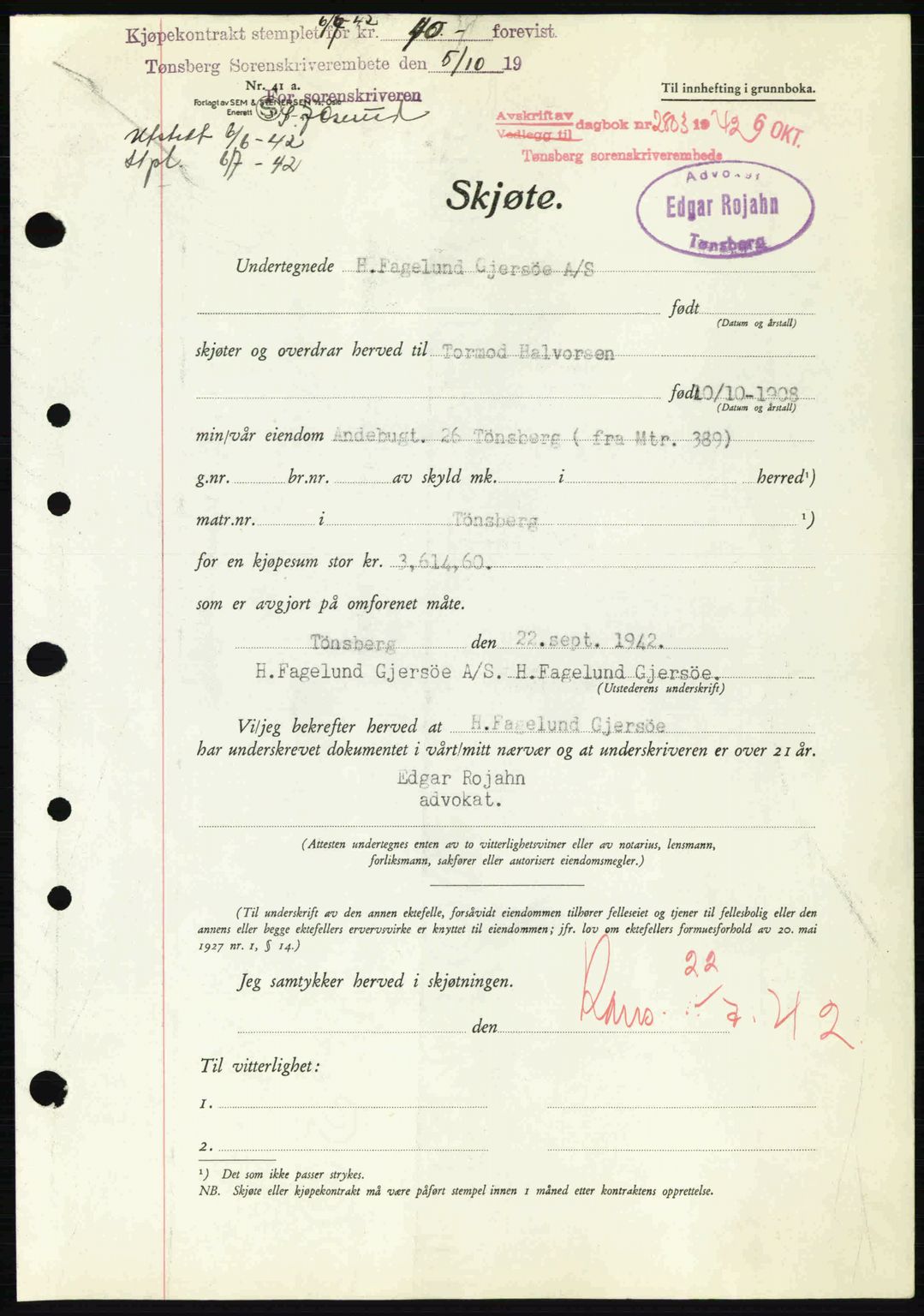 Tønsberg sorenskriveri, AV/SAKO-A-130/G/Ga/Gaa/L0012: Pantebok nr. A12, 1942-1943, Dagboknr: 2803/1942