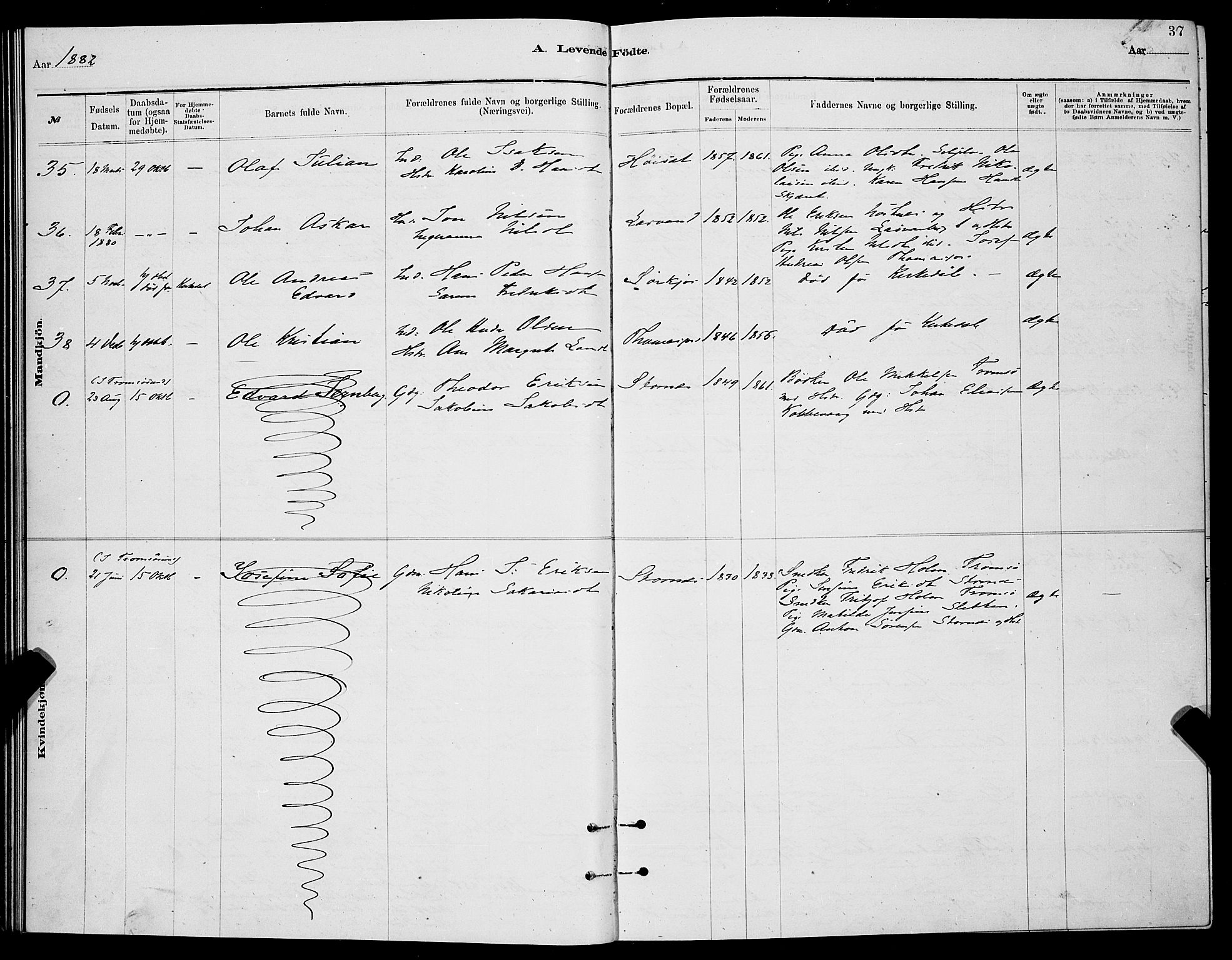 Balsfjord sokneprestembete, SATØ/S-1303/G/Ga/L0007klokker: Klokkerbok nr. 7, 1878-1889, s. 37