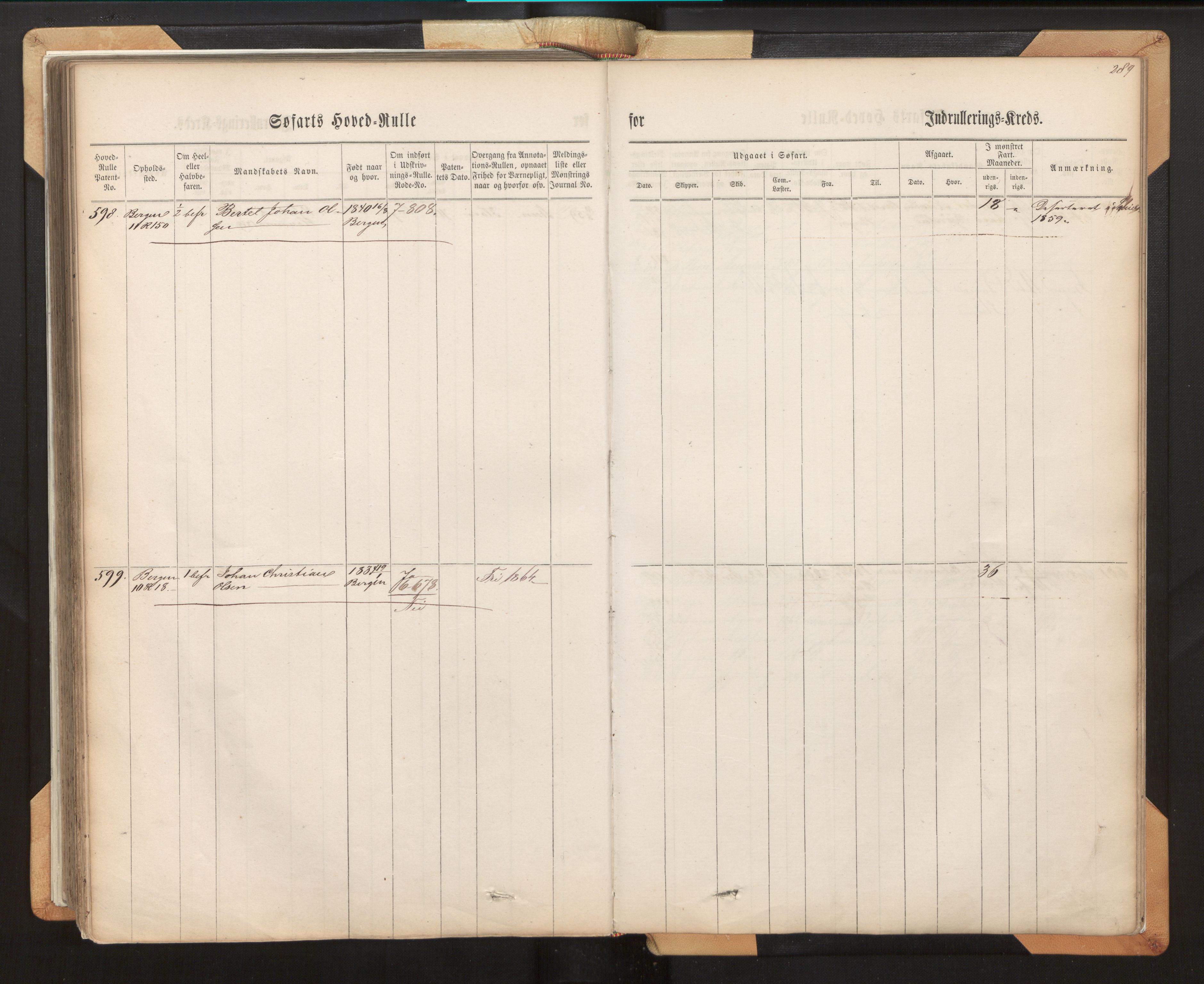 Innrulleringssjefen i Bergen, AV/SAB-A-100050/F/Fh/L0007: Sjøfarts-hovedrulle for Bergen krets, fol. 1 - 315, 1860-1865, s. 289