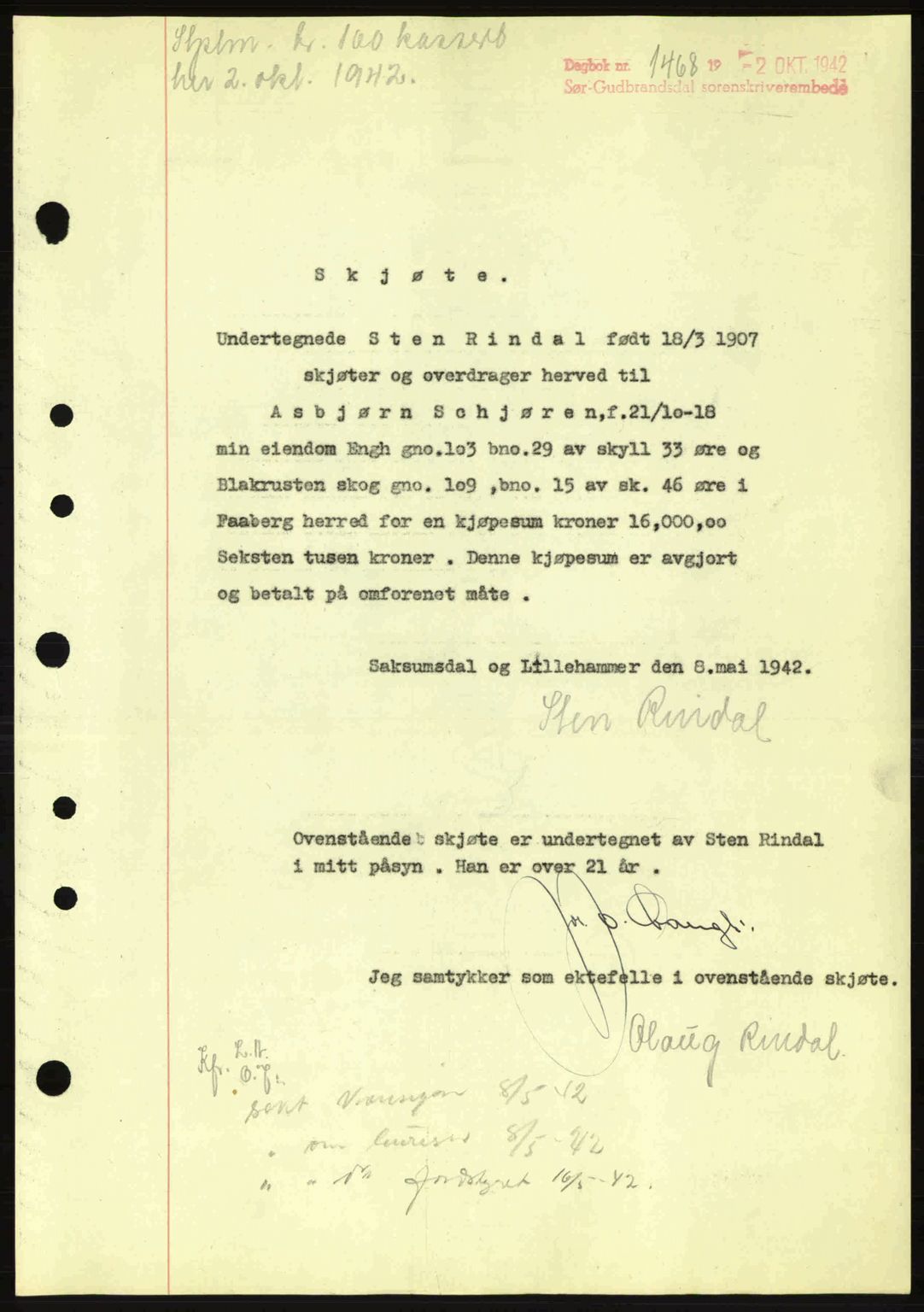 Sør-Gudbrandsdal tingrett, SAH/TING-004/H/Hb/Hbd/L0011: Pantebok nr. A11, 1942-1943, Dagboknr: 1468/1942