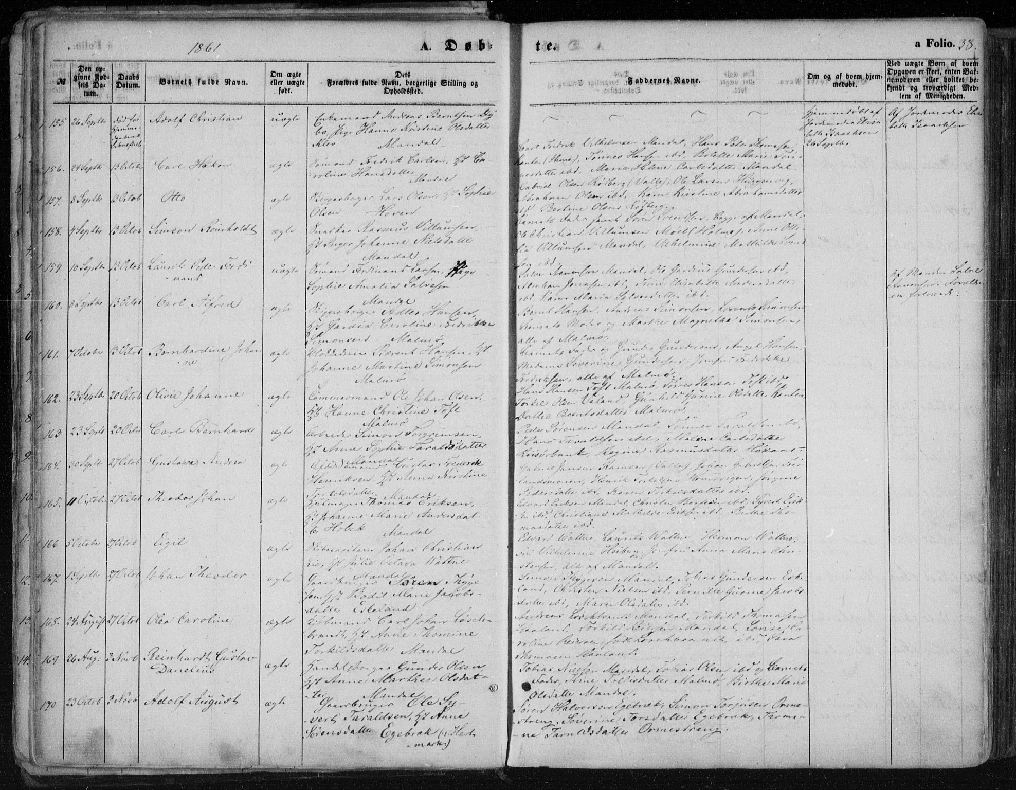 Mandal sokneprestkontor, AV/SAK-1111-0030/F/Fa/Faa/L0014: Ministerialbok nr. A 14, 1859-1872, s. 38