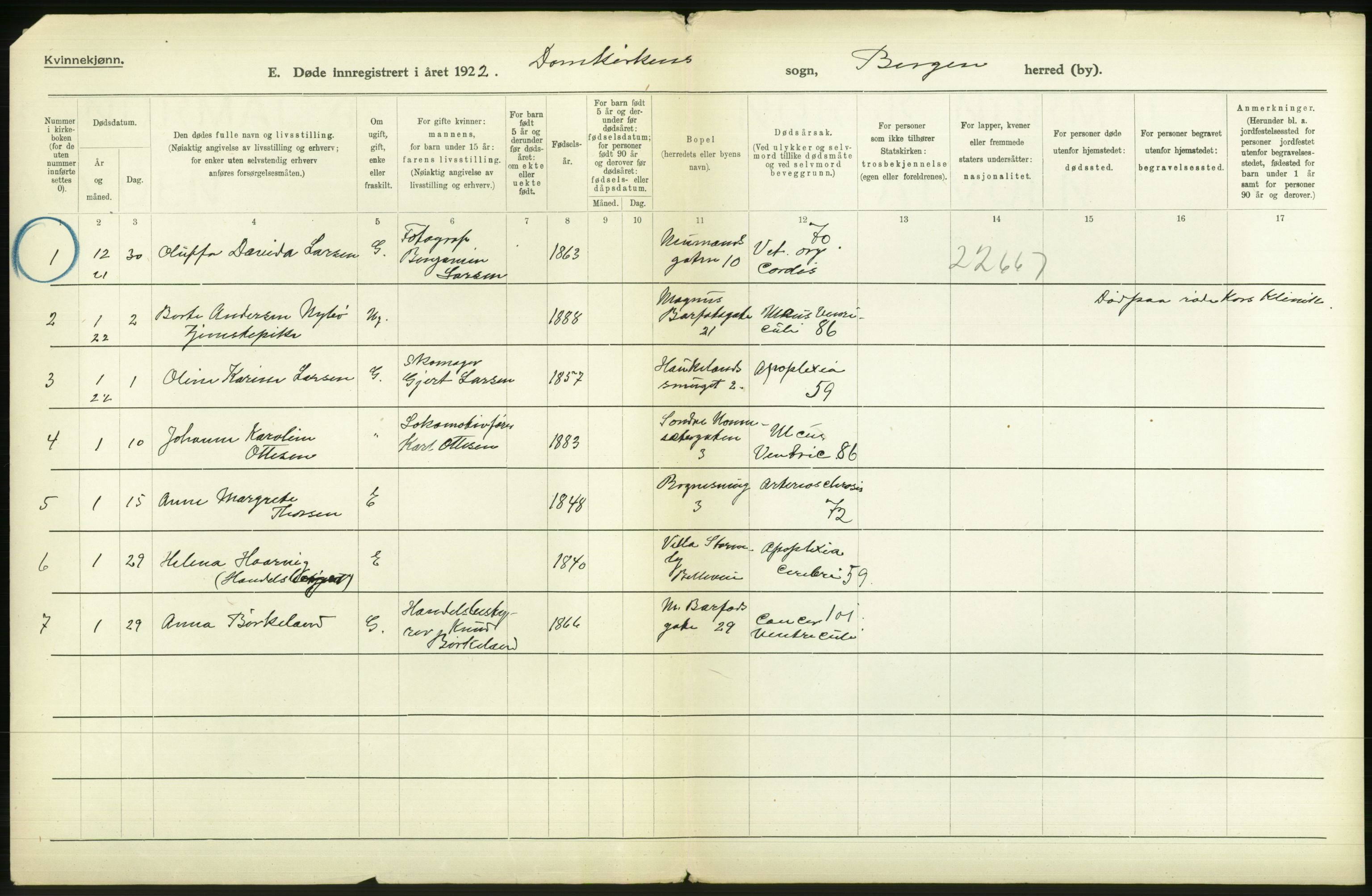 Statistisk sentralbyrå, Sosiodemografiske emner, Befolkning, AV/RA-S-2228/D/Df/Dfc/Dfcb/L0030: Bergen: Gifte, døde, dødfødte., 1922, s. 736