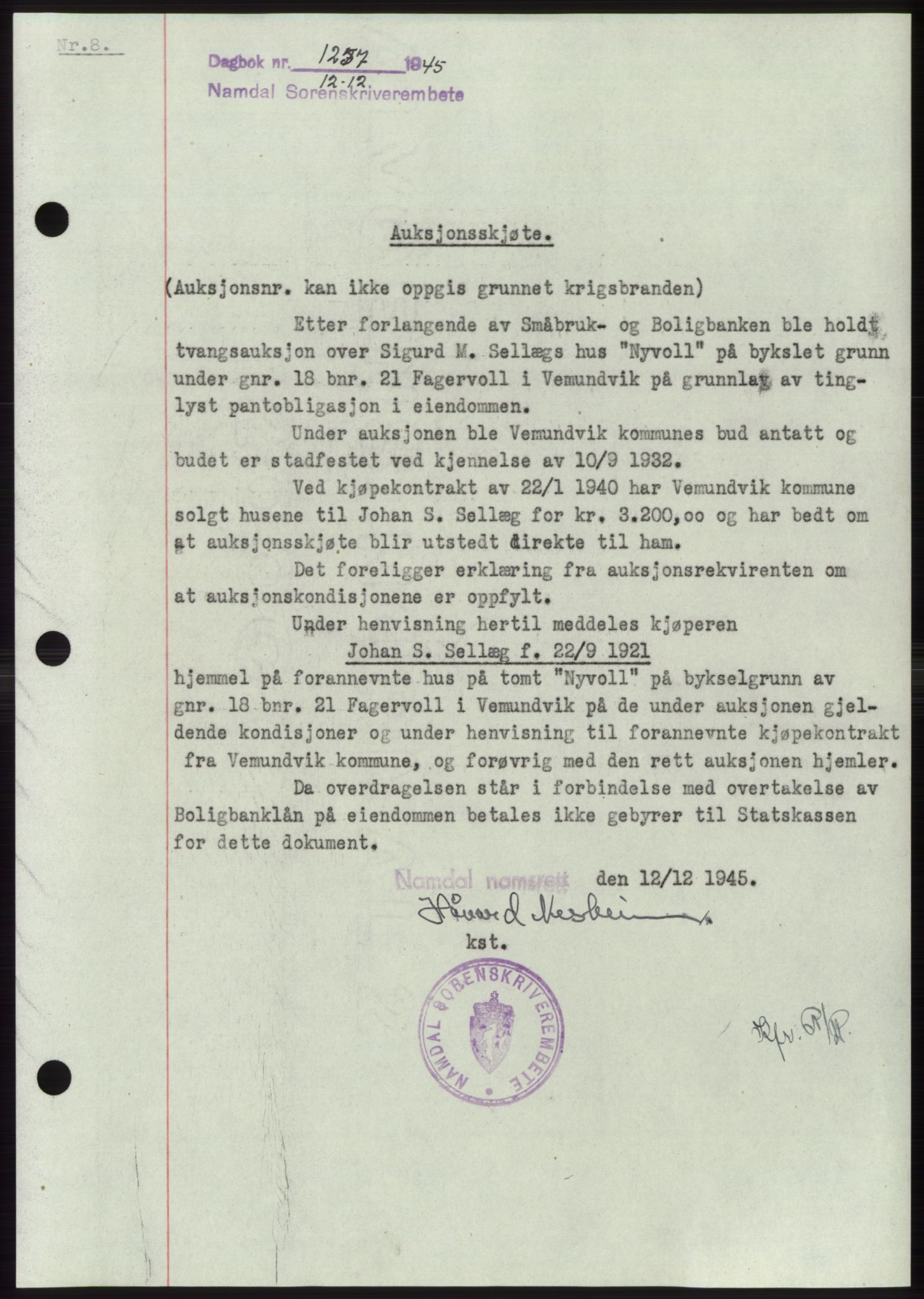 Namdal sorenskriveri, SAT/A-4133/1/2/2C: Pantebok nr. -, 1944-1945, Dagboknr: 1257/1945