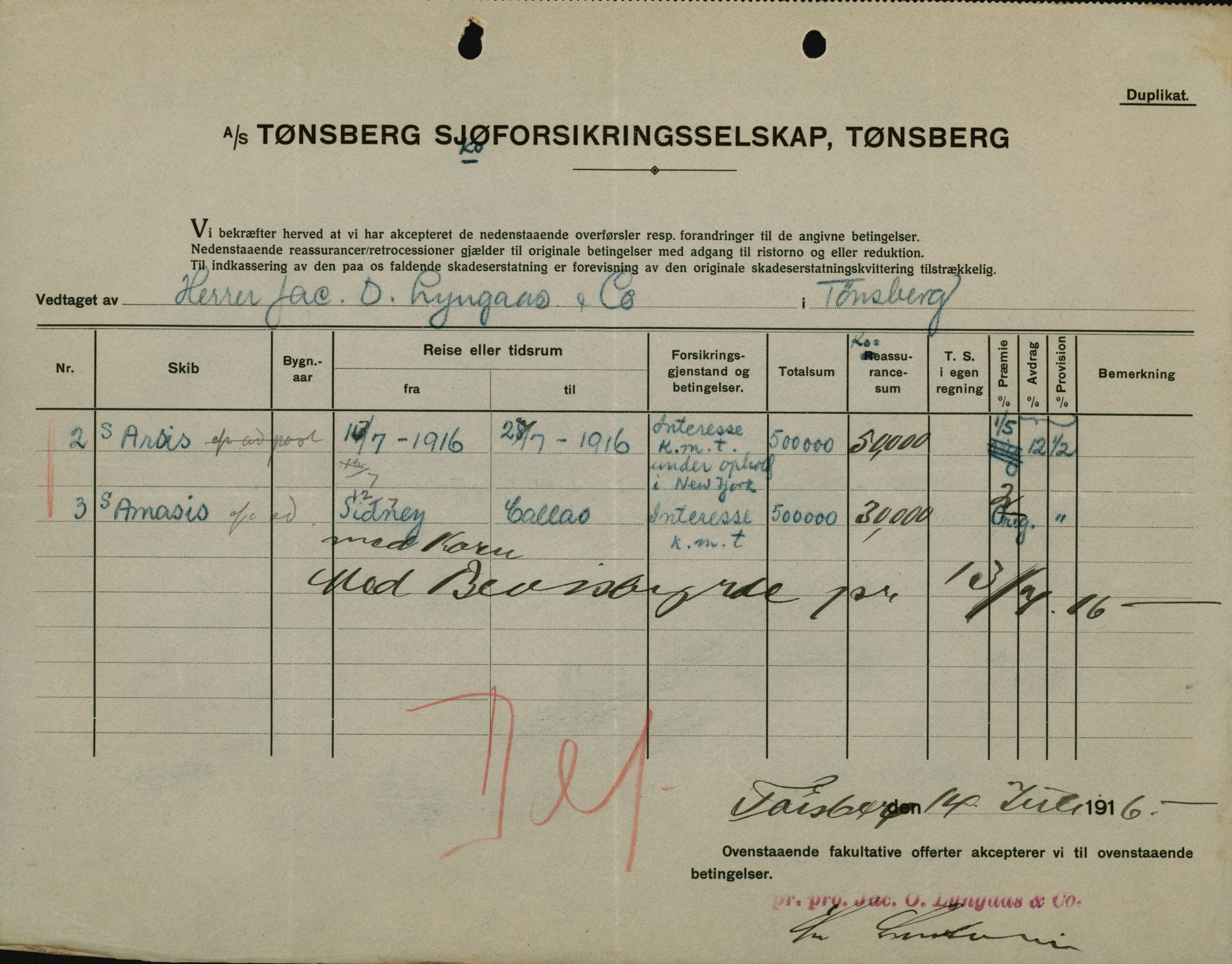 Pa 664 - Tønsberg Sjøforsikringsselskap, VEMU/A-1773/F/L0001: Forsikringspoliser, 1915-1918