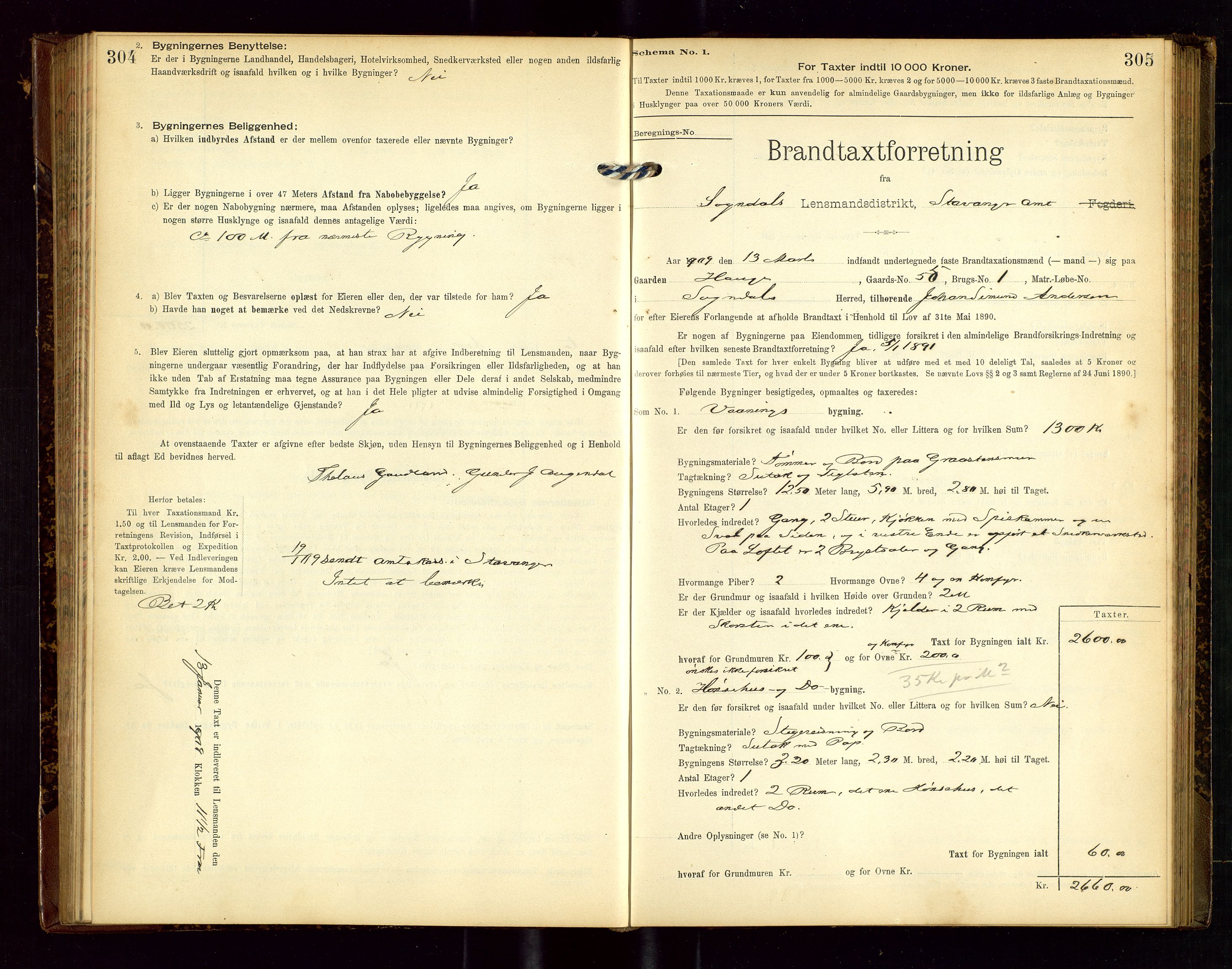 Sokndal lensmannskontor, SAST/A-100417/Gob/L0002: "Brandtaxt-Protokol", 1902-1914, s. 304-305