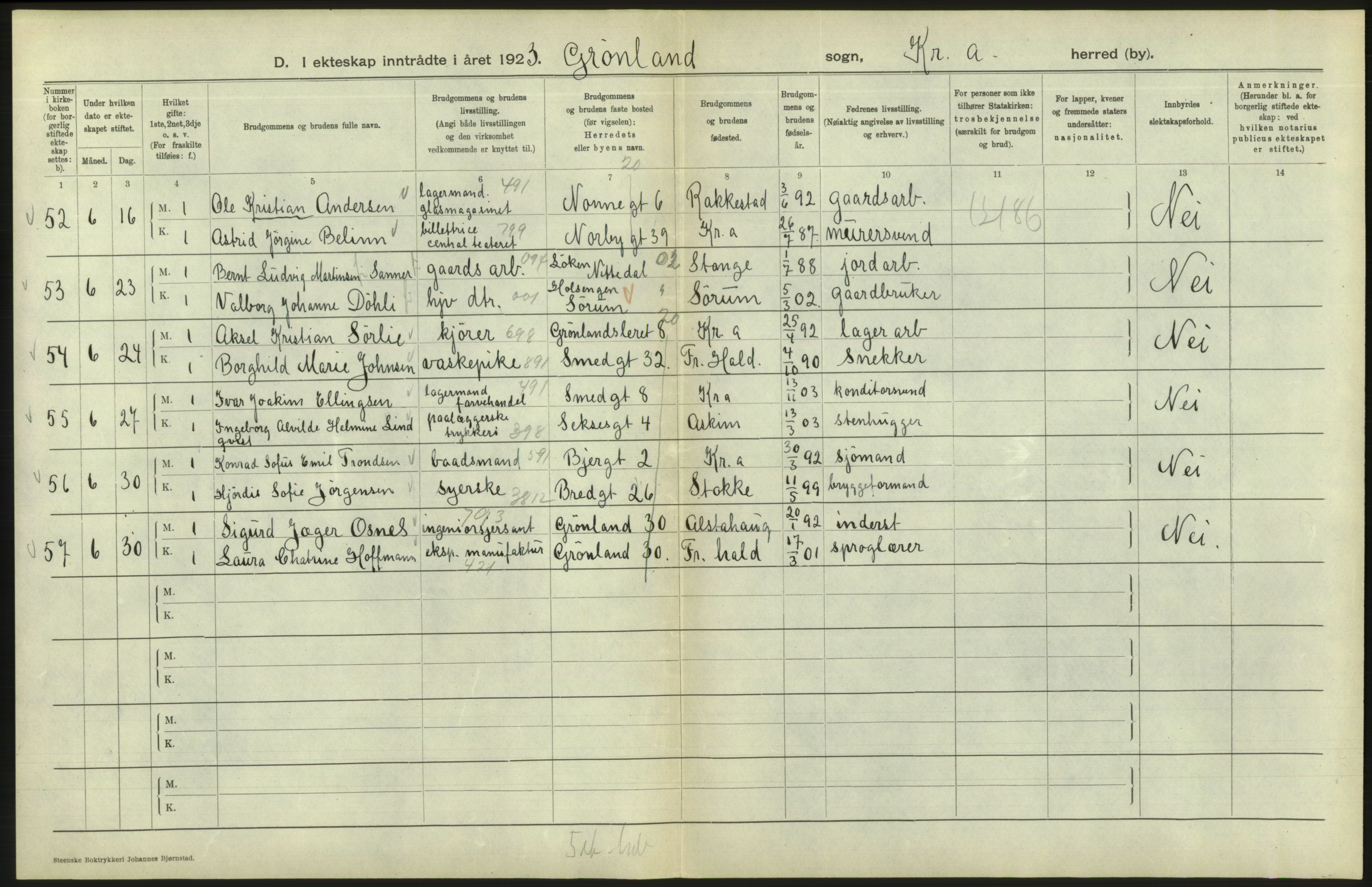 Statistisk sentralbyrå, Sosiodemografiske emner, Befolkning, AV/RA-S-2228/D/Df/Dfc/Dfcc/L0008: Kristiania: Gifte, 1923, s. 786