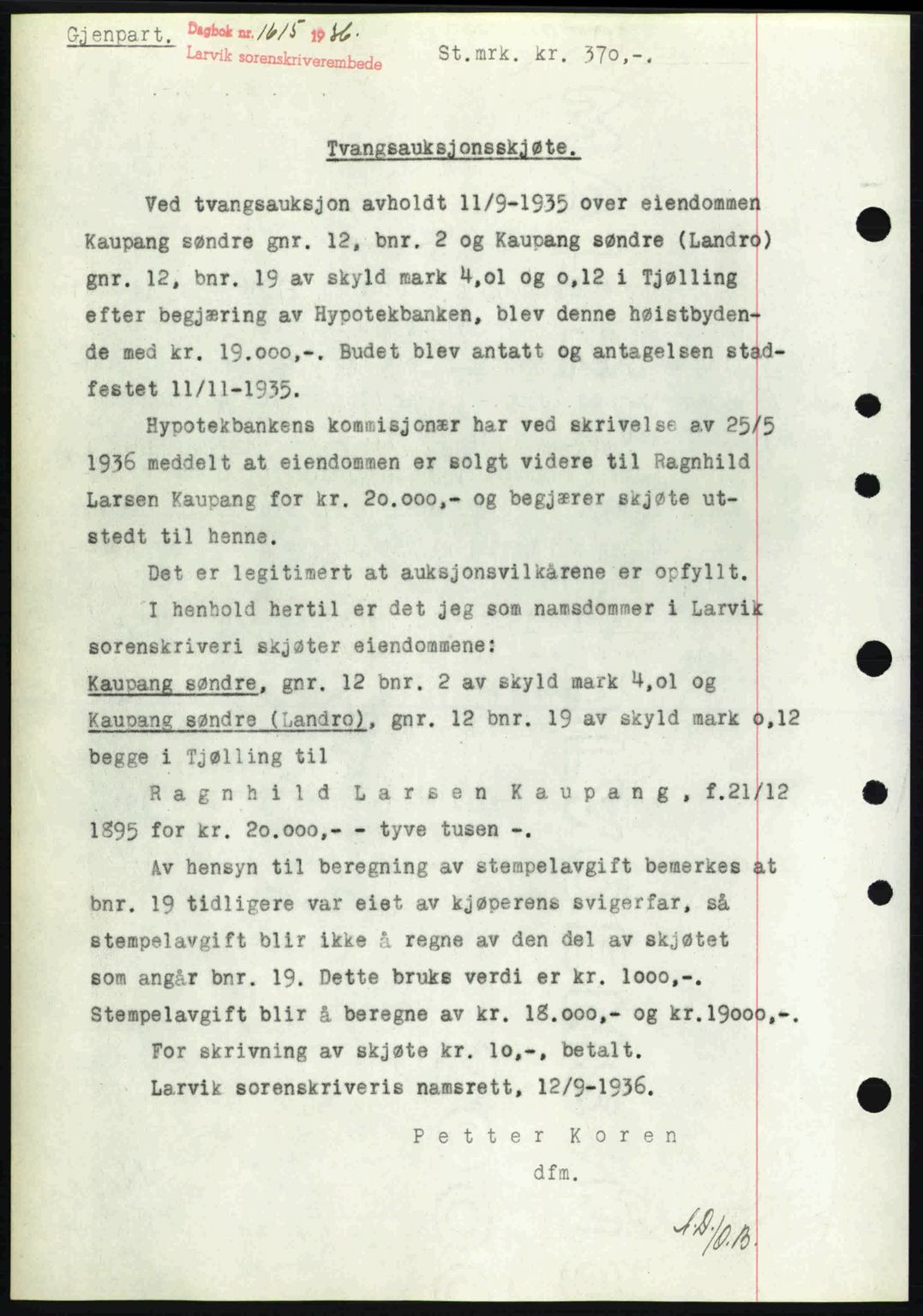 Larvik sorenskriveri, SAKO/A-83/G/Ga/Gab/L0067: Pantebok nr. A-1, 1936-1937, Dagboknr: 1614/1936