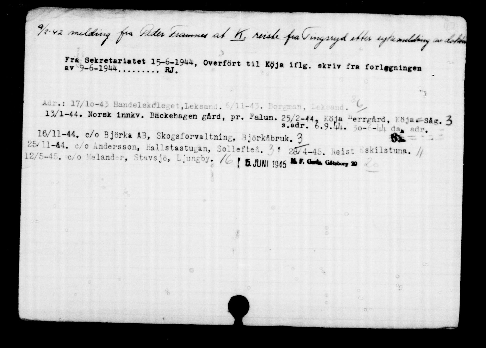 Utenriksstasjonene, Legasjonen i Stockholm, Flyktningkontoret, AV/RA-S-6753/V/Va/L0001: Kjesäterkartoteket, flyktninger med registreringsnr. 1-1000, 1940-1945, s. 24
