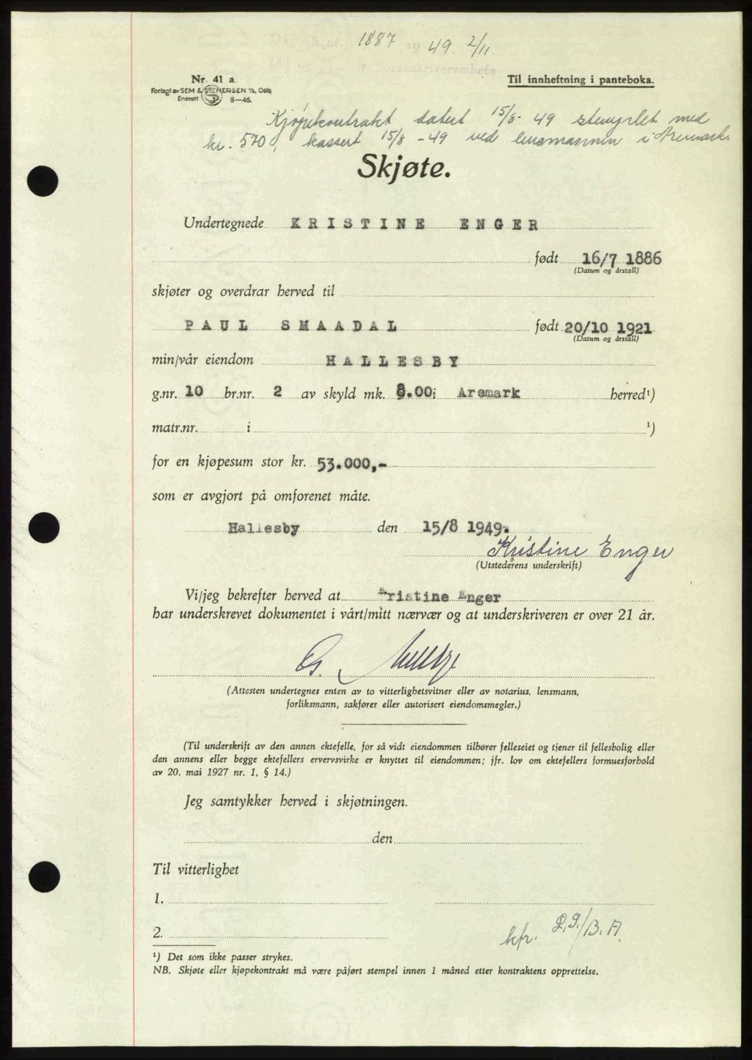 Idd og Marker sorenskriveri, SAO/A-10283/G/Gb/Gbb/L0013: Pantebok nr. A13, 1949-1950, Dagboknr: 1887/1949