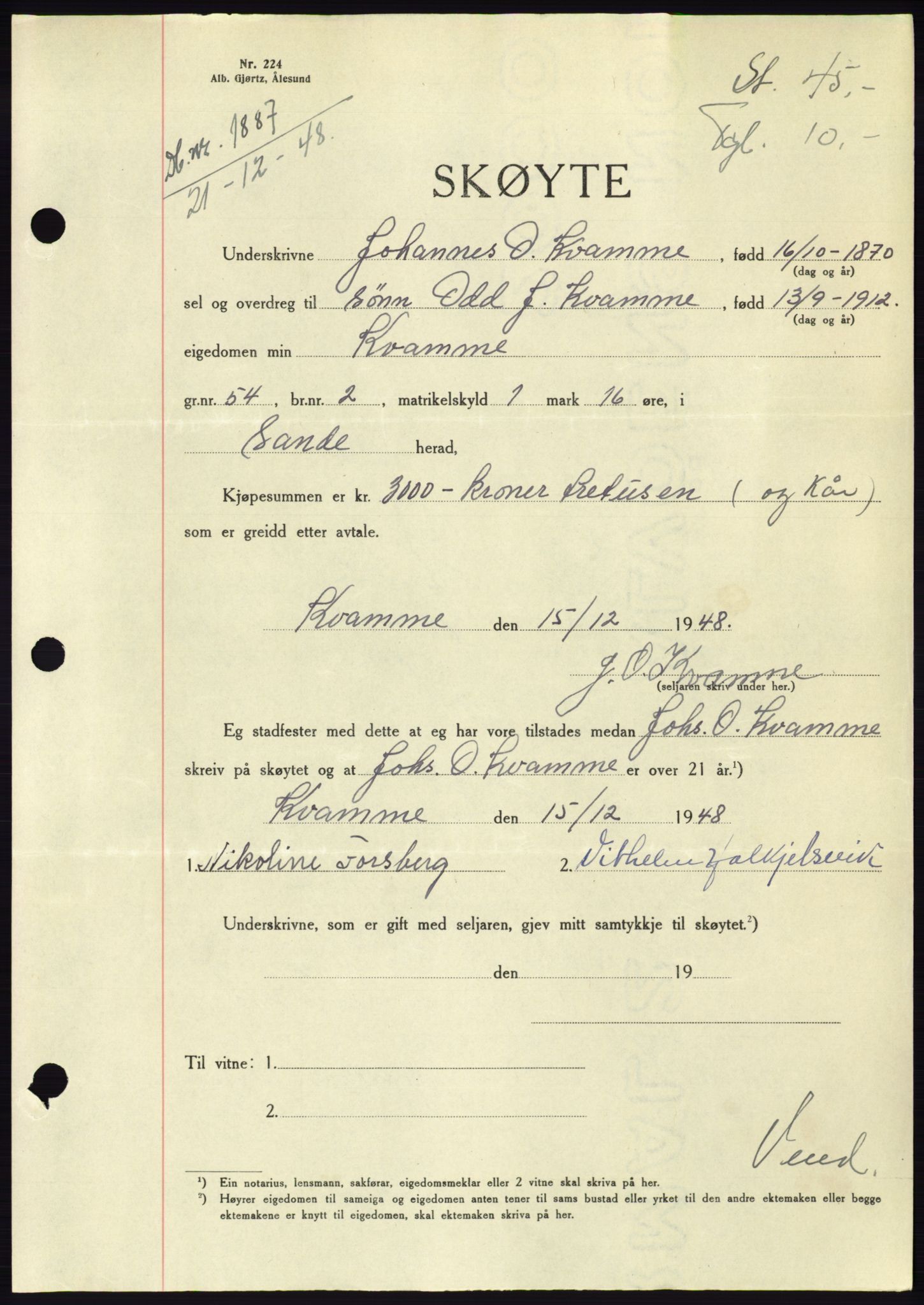 Søre Sunnmøre sorenskriveri, AV/SAT-A-4122/1/2/2C/L0083: Pantebok nr. 9A, 1948-1949, Dagboknr: 1887/1948