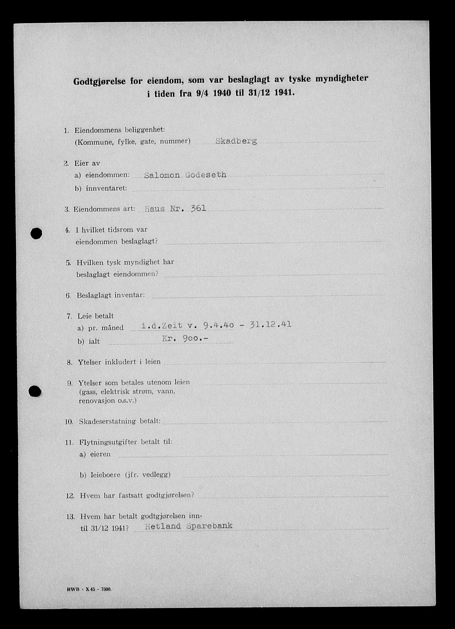 Justisdepartementet, Tilbakeføringskontoret for inndratte formuer, AV/RA-S-1564/I/L1014: Godtgjørelse for beslaglagt eiendom, 1940-1941, s. 288